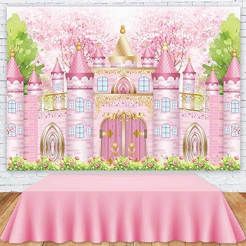 Miniatura 3 de Telón de fondo de cumpleaños de castillo de princesa, acuarela pastel, rosa, castillo real, fondo de fotografía, cuento de hadas, decoración de