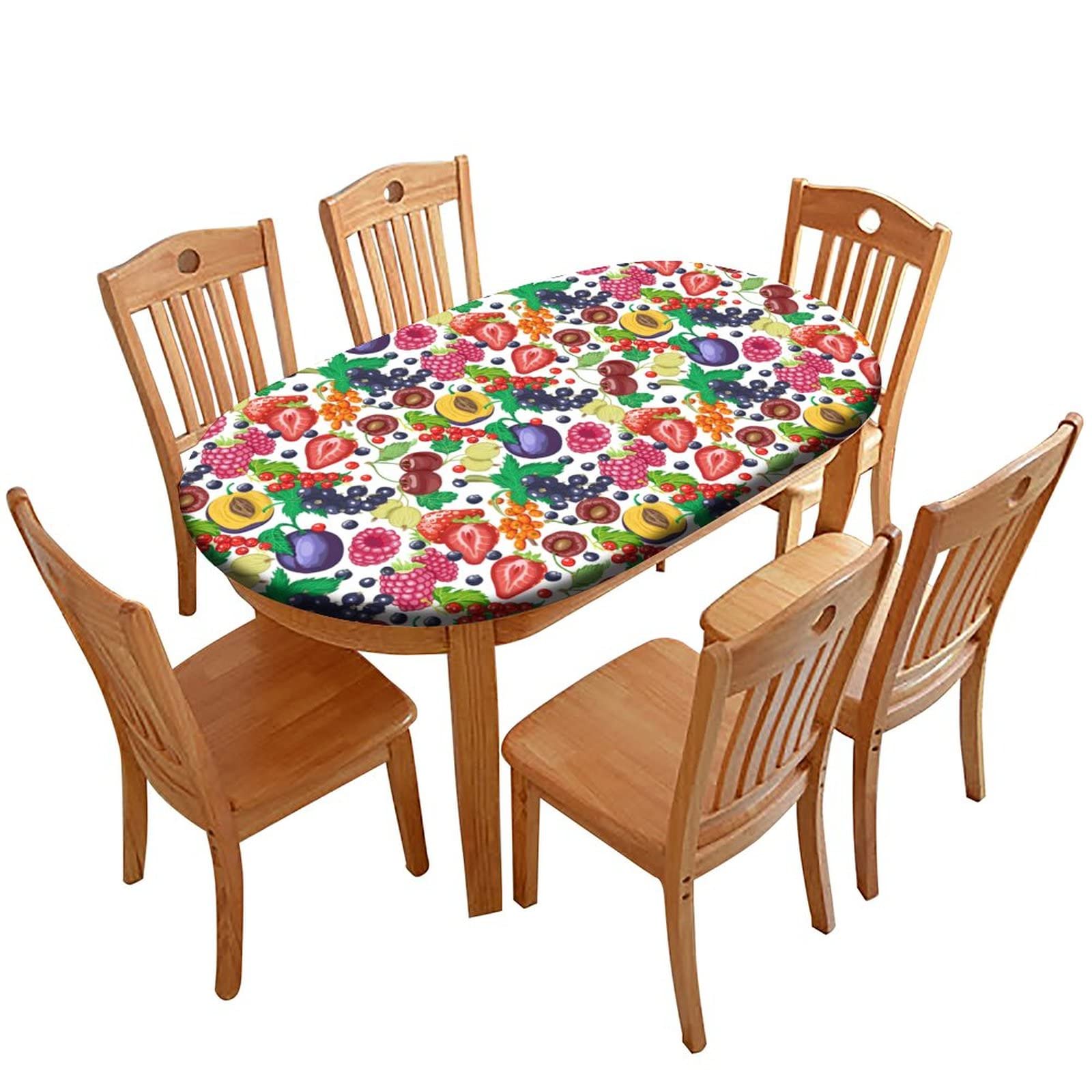 Atury Fruit Fitted Tablecloth Oval, 48" X 68" English Berry Elastic Edge Table Cover, Windproof Table Cloths Indoor Restaurant Outdoor Terrace Dining