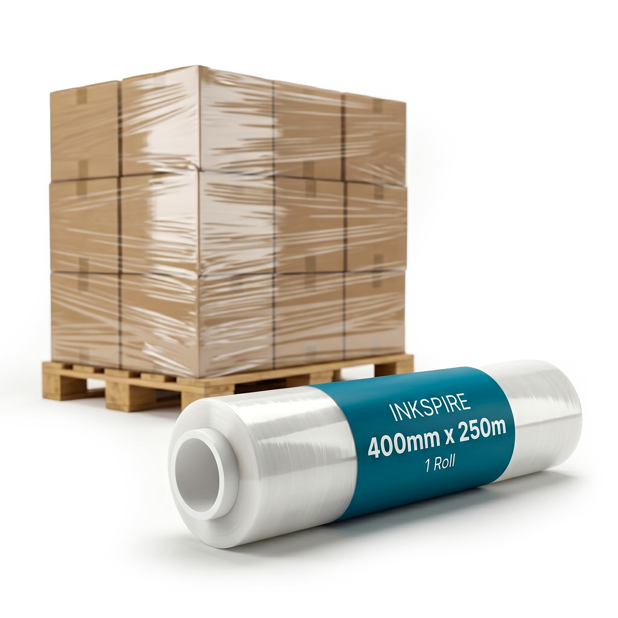 Inkspire 1 Roll Stretch Shrink Wrap Roll 400Mm X 250M – Strong Clear Pallet Wrap, Tear-Resistant Waterproof Packaging Cling Film For Moving, Storage Boxes, Shipping & Warehouse Use