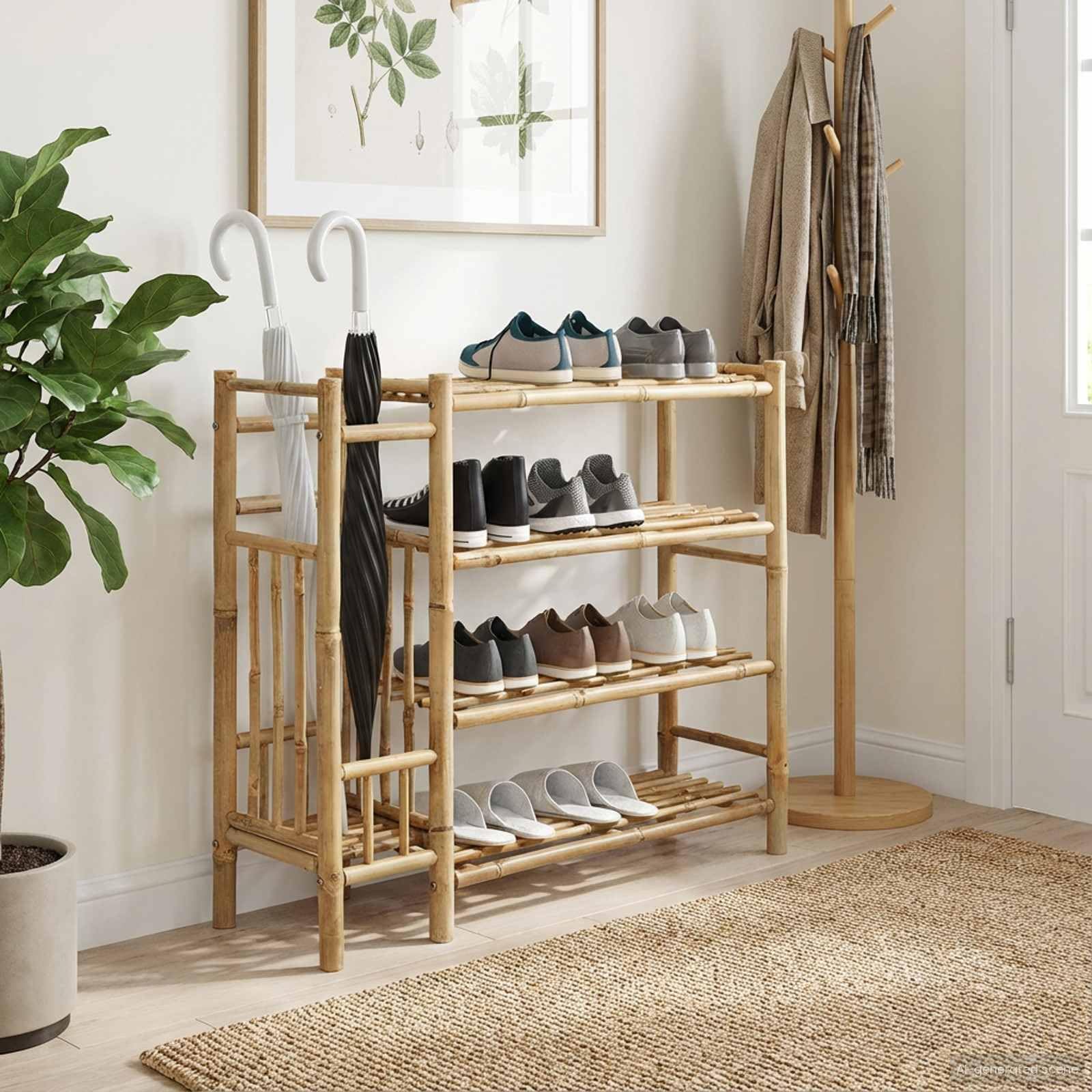 Schuhregal aus Bambus Natur mit 4 Regalen 88 x 27 x 80 cm, platzsparend und leicht, Schuhaufbewahrung für Flur, Diele und Eingang, stabiles Ordnungssystem für Schuhkommode und Schuhständer