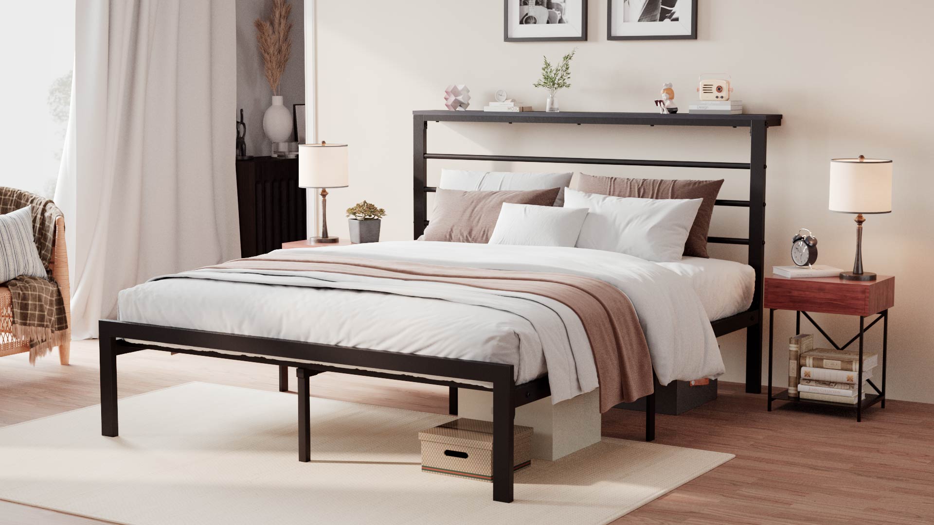 Amazon.com: SHA CERLIN King Size Bed Frame with Headboard Shelf and Strong  Metal Foundation, No Box Spring Needed, Black : Home & Kitchen