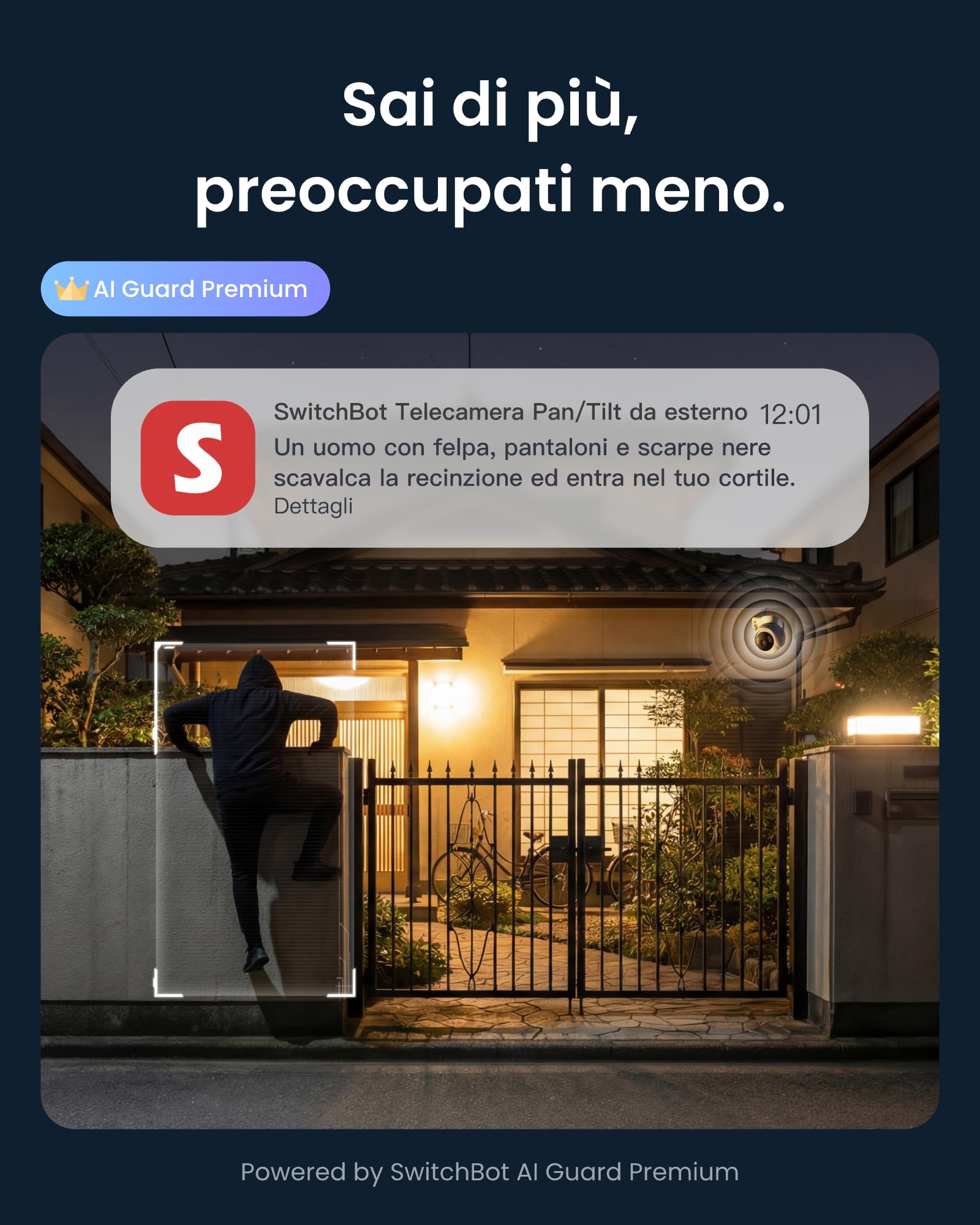 SwitchBot 3K Telecamera Da Esterno Wifi, Ricerca Video IA, Avvisi Scena e Report Giornalieri Attività, PTZ Tracciamento 360°, Wi-Fi 2,4 Ghz, Compatibile Alexa, Google Home e Home Assistant Via RTSP