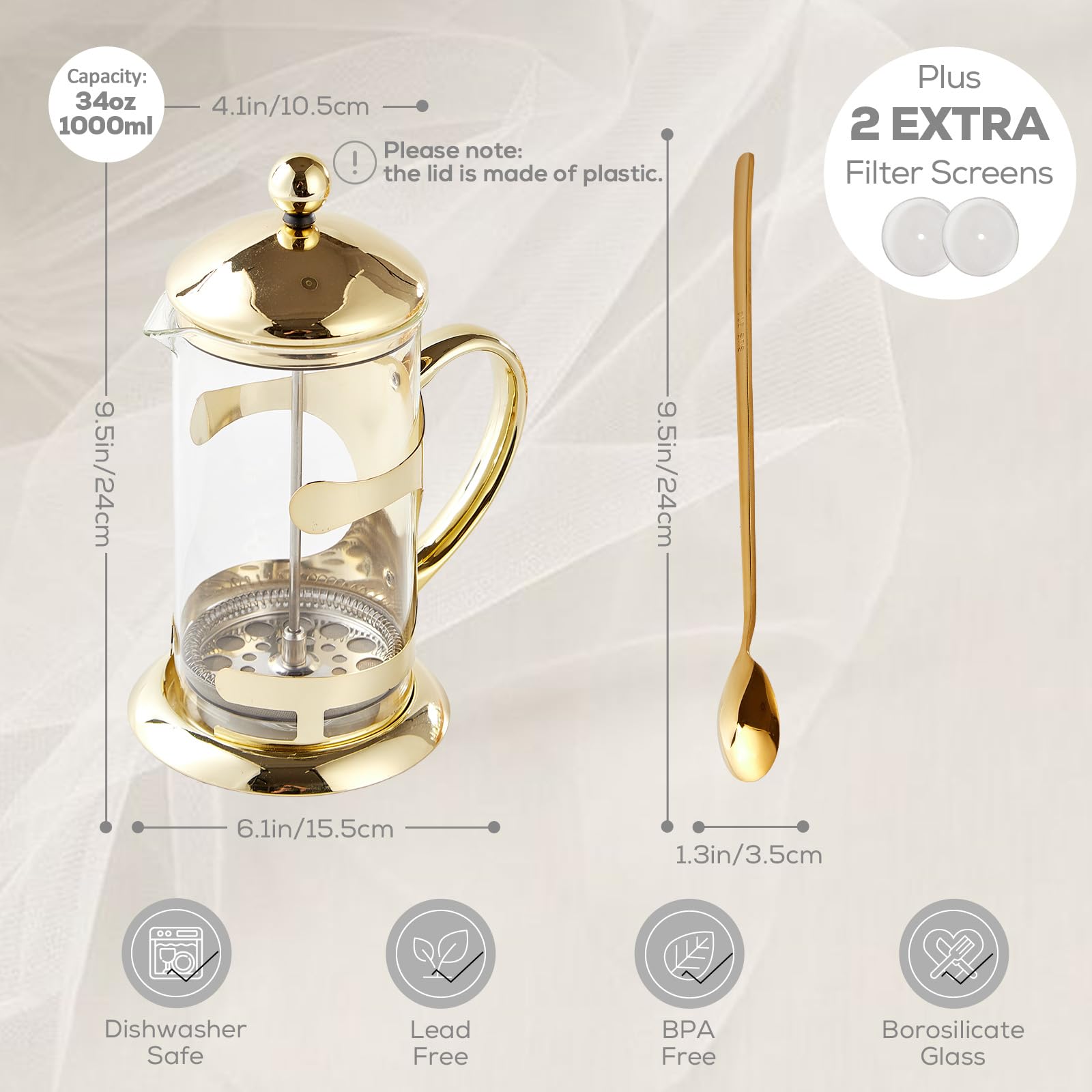 DUJUST Cafeteras de Embolo Francesa [1L] con Cuchara Larga de Acero Inoxidable 304, Diseño Oro de Lujo, Sistema de Filtro de 4 Niveles, Vidrio para Resistencia al Frío y al Calor