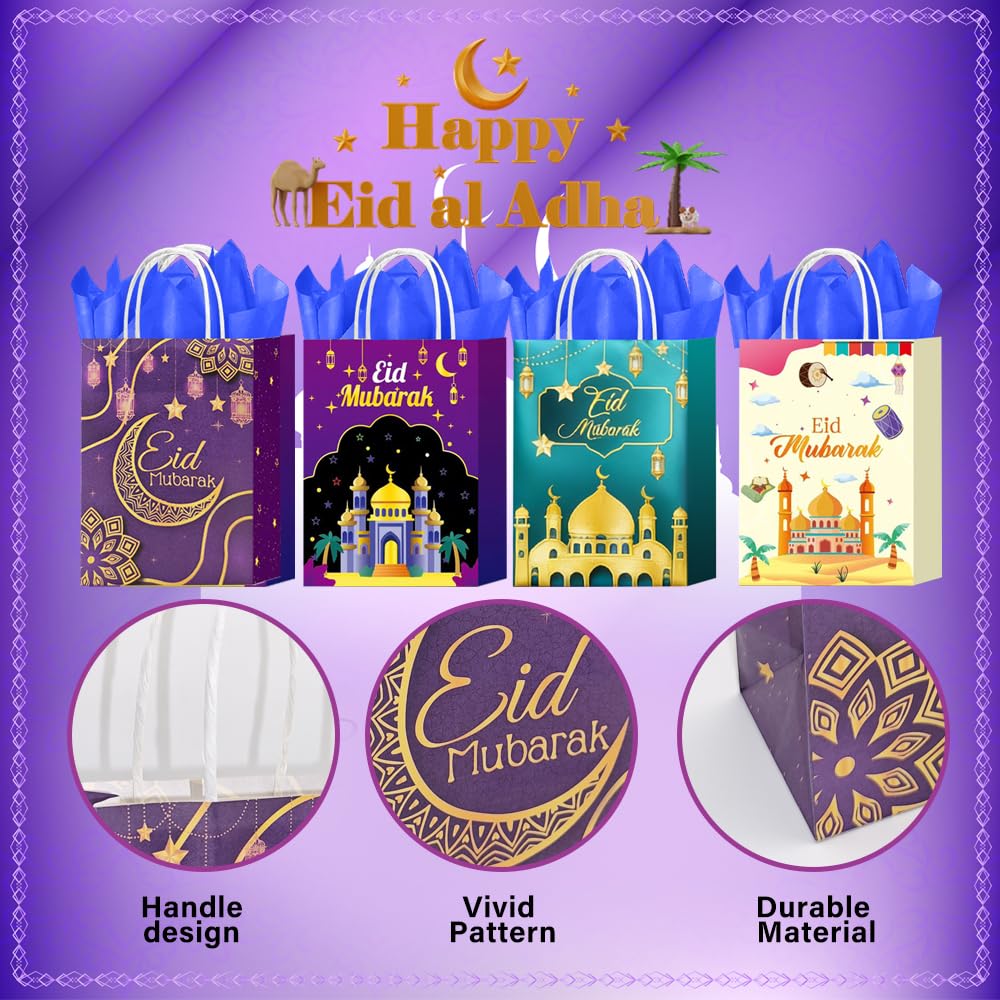 CMSSHUAI 12 Pcs Eid Mubarak Gift Bags, Ramadan Gift Bags Paper Eid Goody Bags with Handles Ramadan Treat Party Favors Supplies Eid Party Decoration
