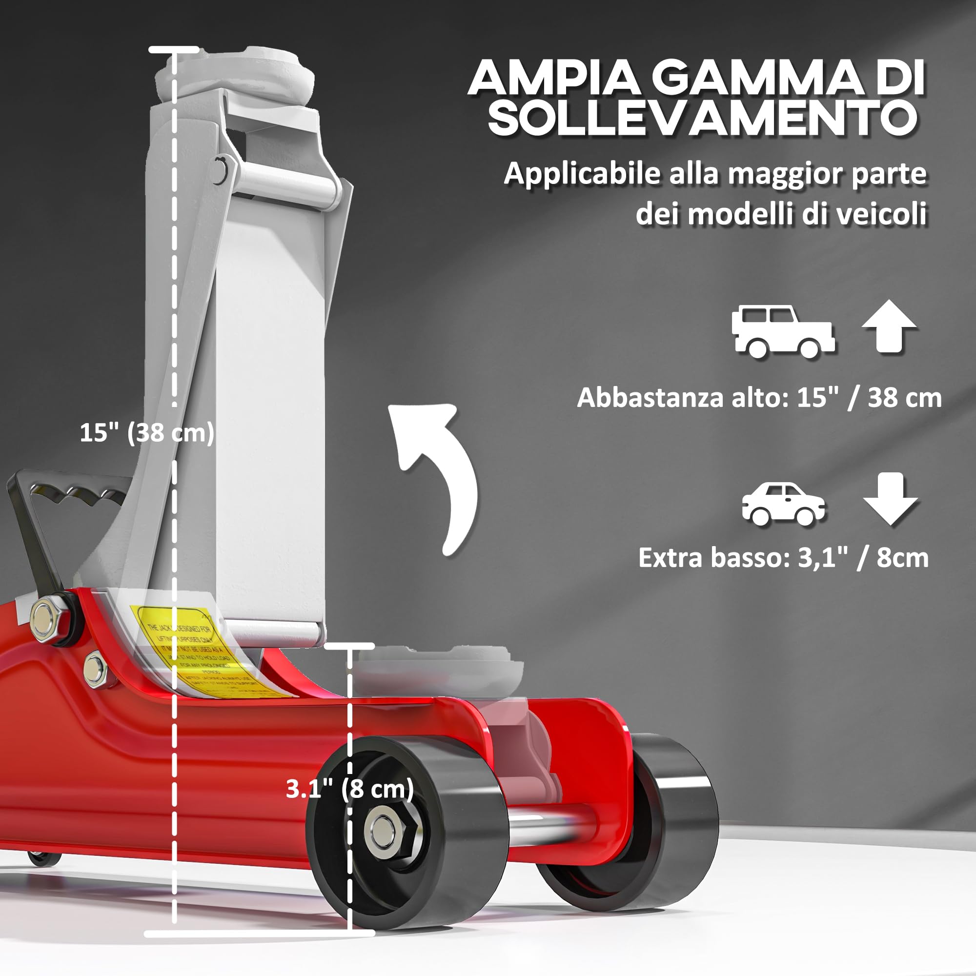HOMCOM Cric Idraulico a Basso Profilo, Cric per Auto in Acciaio Rinforzato con Capacità 2.5 Tonnellate, Sollevamento 8-38cm, Rosso