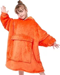 yescool Wearable Blanket Kids Hoodie, Birthday Teen Girls Gifts for 8-15 Year Old Kids Oversized Sweatshirt Sherpa Flannel Cozy Hooded Blanket with Pocket for Children, Youth Teens, One Size, Orange