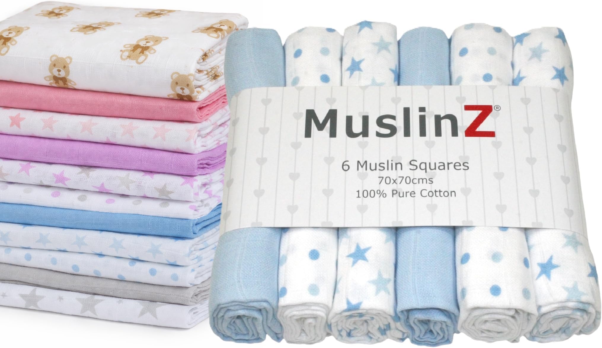 MuslinZ Muslin Cloths for Baby - Baby Burp Cloths - 6 Pack Muslin Squares - Large 70x70cm - Pure Cotton - Soft, Absorbent & Breathable - Multi Use Newborn Cloths - UK Brand (Blue Star)