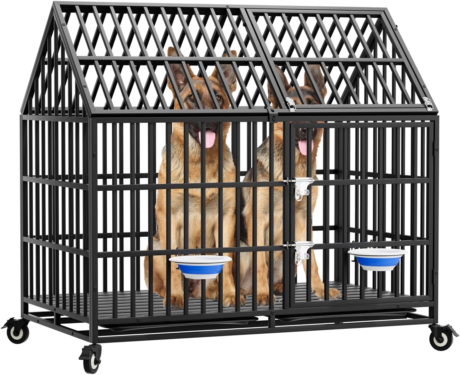 50'' Indestructible Heavy Duty Dog Crate with 2 Bowls, High Anxiety Impact Steel Strong Cage for Extra Large Giant Dogs, Escape Proof Chewproof Kennel Double Door with Wheels and Trays, XL/XXL