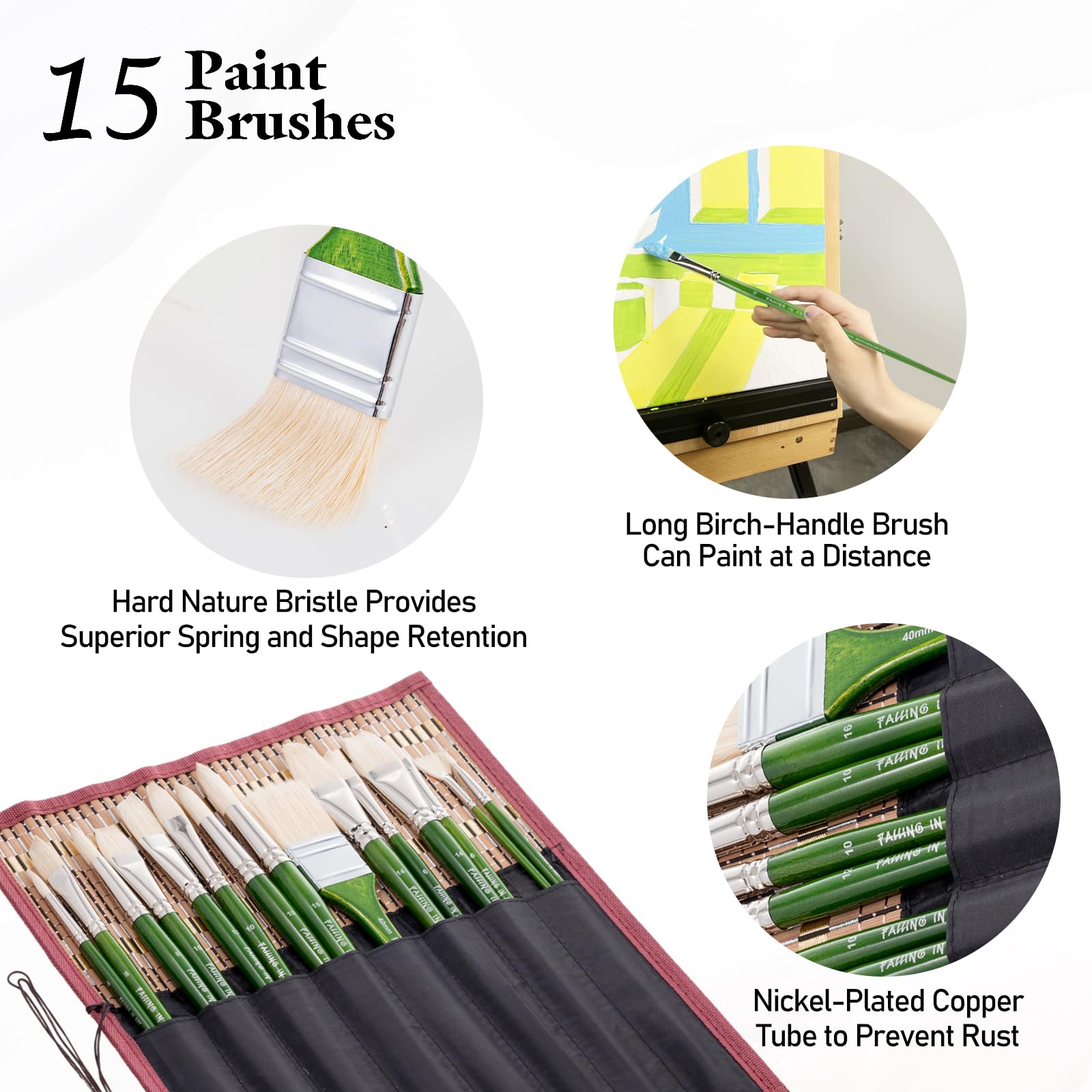 Falling in Art Set di pennelli professionali con setole naturali, 15 pennelli con manico lungo per pittura acrilica, pennelli a ventaglio, rotondi, piatti, angolati e filbert, con custodia, verde