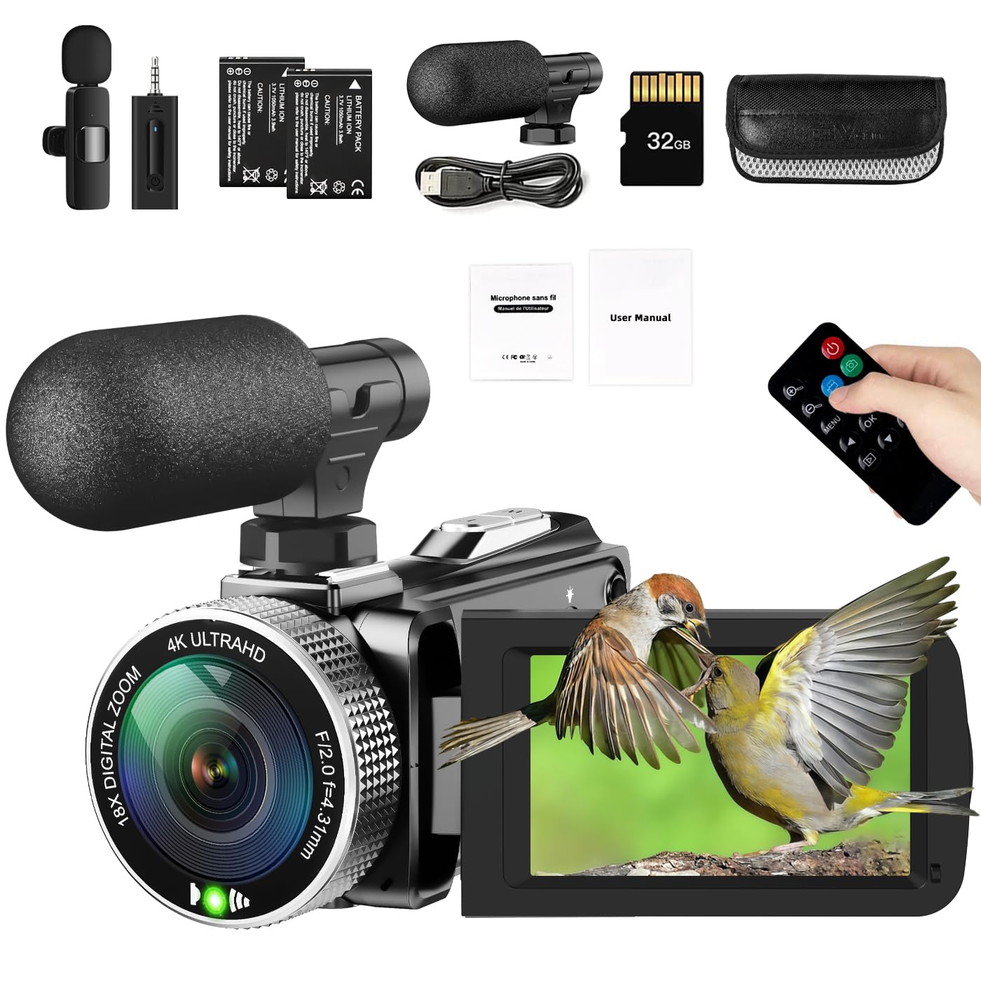 Videocamera 4K, videocamera 48 MP 30 FPS per YouTube, registratore video vlogging FHD1080P con telecomando, zoom digitale 18X, videocamera con schermo IPS ruotabile a 270° e 2 batterie