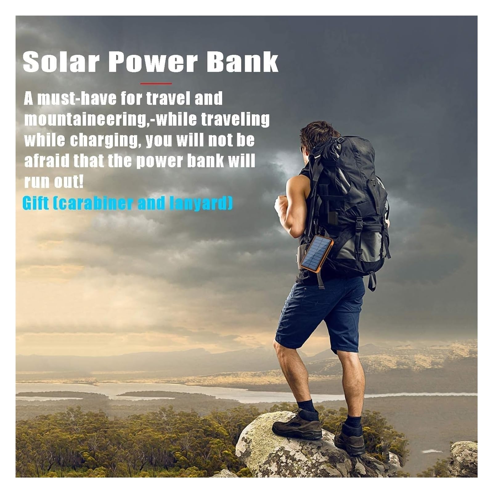 Caricatore solare 100000Mah Waterproof Qi Wireless Power Bank campeggio Battery Pack with Solar Panel Fast charge 5V/2.1A Input/Output, LED flash [classe energetica A]