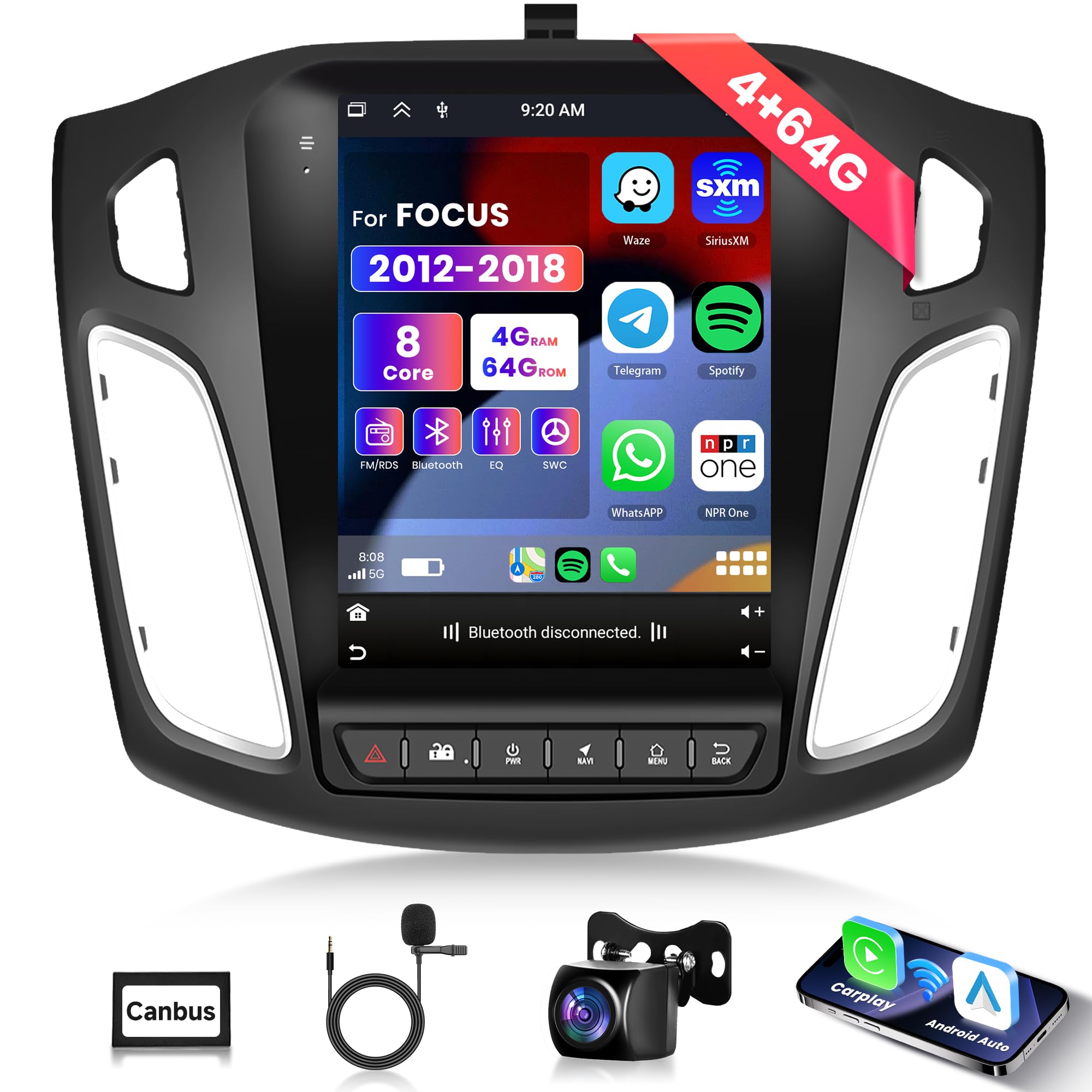 4G+64G Car Radio Carplay for Ford Focus 2012-2018, Rimoody Android 13 Car Stereo GPS Navigational WiFi Android auto Mirror Link 9.7’’ Touchscreen Bluetooth FM/RDS SWC + Backup Camera