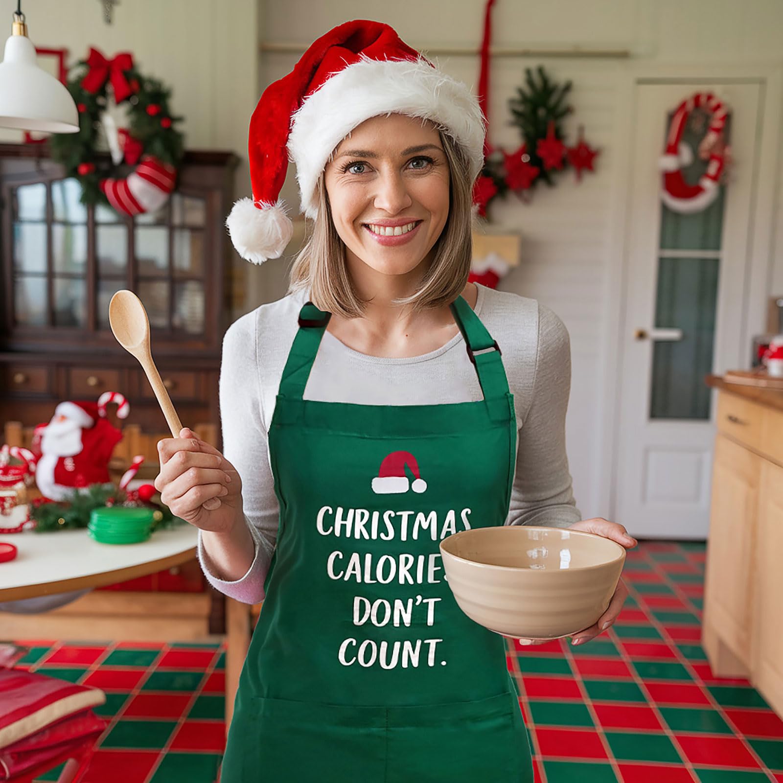 Delantales de cocina de Navidad para mujer con bolsillos, disfraz de chef de camarera, bonito delantal de cocina, regalos de cocina para hombres (verde), Verde, Standard