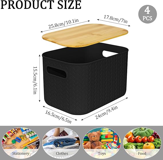 4 Pack Plastic Storage Baskets with Bamboo Lids, Black Organizing Bins