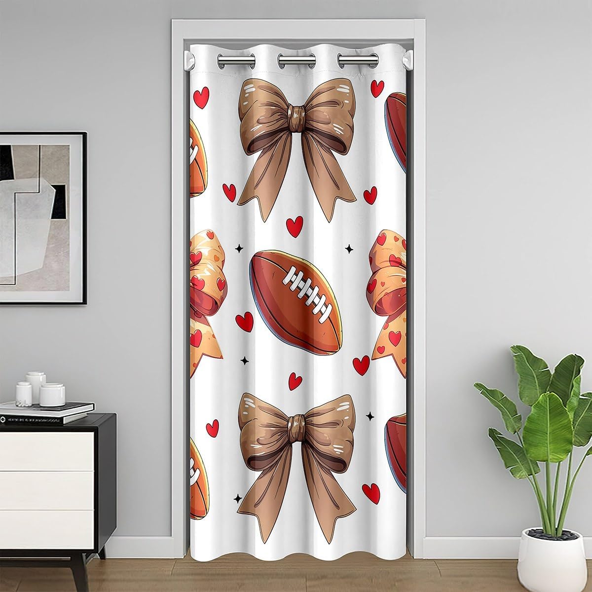 Erosebridal Brown Bowknot Door Curtain for Football Lovers,Football Blackout Curtain with Ribbon Bow Design,3D Sports Game Rugby Door Drape,Cartoon Bowtie Decor for Kids Girls,59" W X 80" L