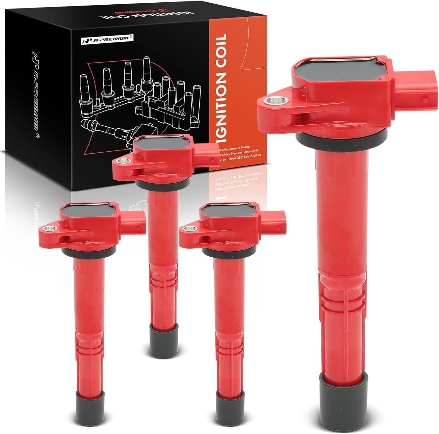 A-Premium (Red) Engine Ignition Coil Pack Compatible with Honda CR-V 2002-2009, Civic 2002-2011, Accord 2003-2007, Element 2003-2011, S2000 2004-2005 & Acura RSX 2002-2006, CSX 2006-2011, 4-PC Set