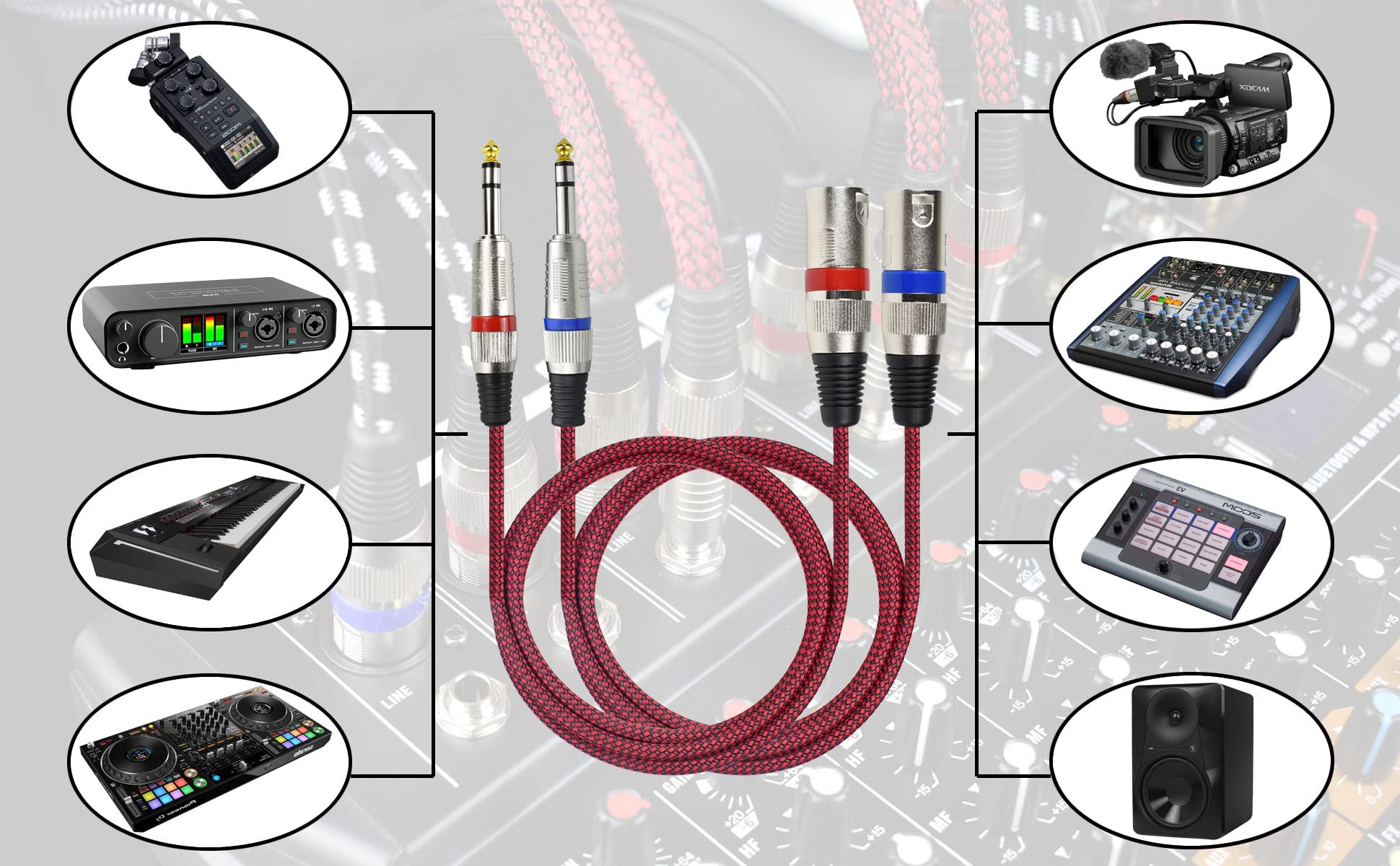 6.35 mm TRS auf XLR-Stecker, symmetrisch – 15 m Stereo auf XLR-Mikrofonkabeladapter, Nylon geflochten, OFC-geschirmt, rote Farbe, für Mischpult, Audio-Schnittstelle, 2 Stück