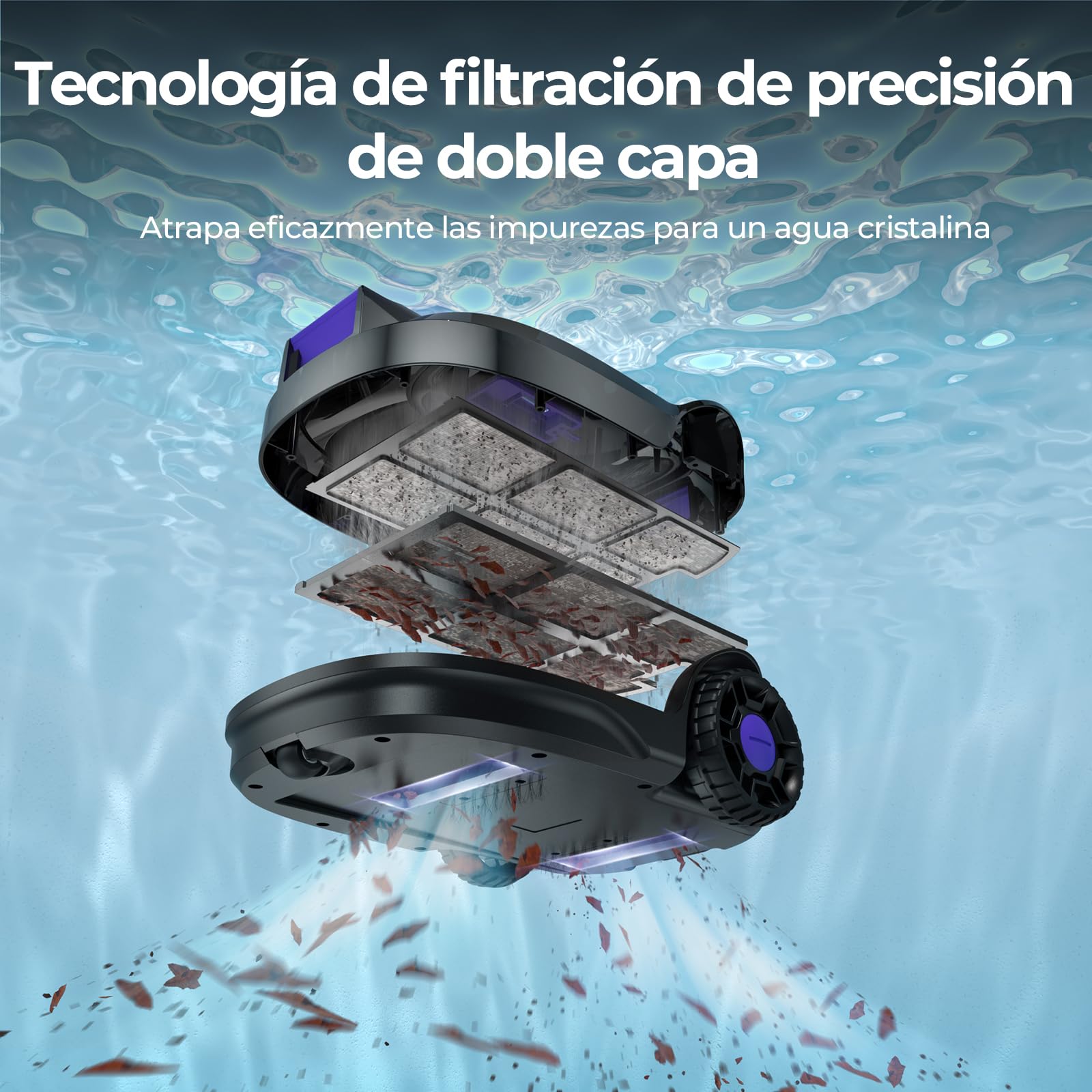 S2 Robot Limpiafondos Piscina, Batería de Doble Motor, 130Min de Autonomía para Piscinas Elevadas de hasta 100m², Sube Pendientes de 18°, Estacionamiento Auto, Doble Filtración