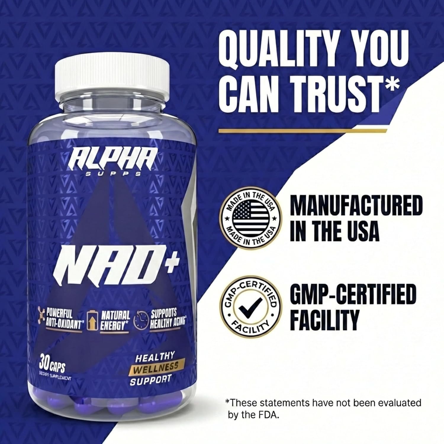 Alpha Supps NAD+ Resveratrol - NMN & NMNH Supplement Alternative - Advanced NAD Plus Antioxidant Formula - Supports Cellular Vitality, Healthy Aging, Energy & Longevity - Ideal for Men & Women