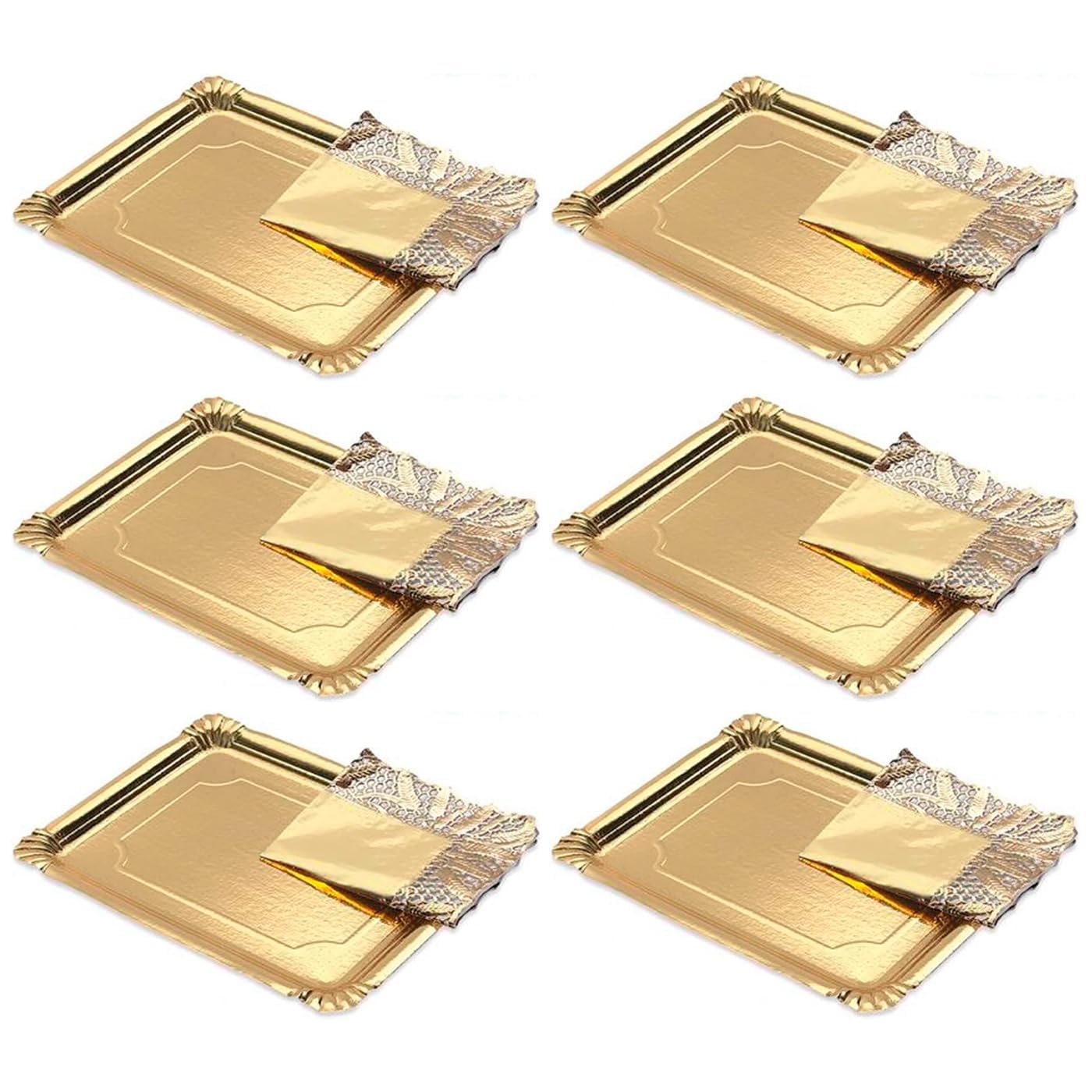 Tradineur - Pack de 6 bandejas rectangulares de cartón con blonda, fuente reciclable para pasteles con encaje de papel, decoración de fiestas, presentación de postres (Dorado - 34 x 42 cm)