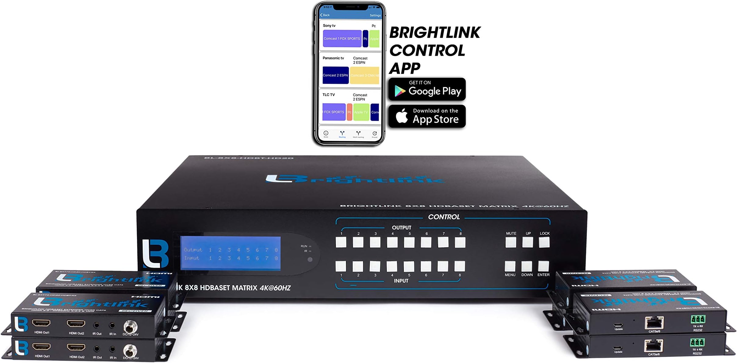 Brightlink HDMI 2.0 8x8/8x16/8x24 - HDBaseT Matrix with 4Kx2K@60Hz, HDR, 18Gbps & HDCP 1.4/2.2 – Free Brightlink iOS & Android App Control - C/W 8 HDBaseT Receivers with 2ea HDMI Outputs & POC/POE