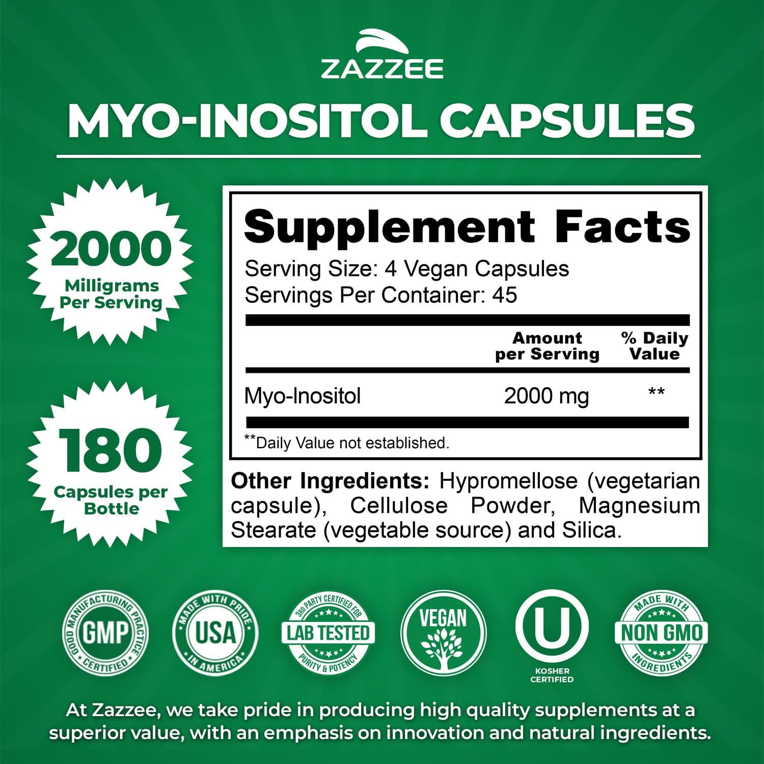 Zazzee Myo-Inositol Capsules, 2000 mg per Serving, 180 Vegan Capsules, Ideal Dosage for 40:1 Ratio, Certified Kosher, Hormone Balance & Healthy Ovarian Function Support, Non-GMO, Made in the USA
