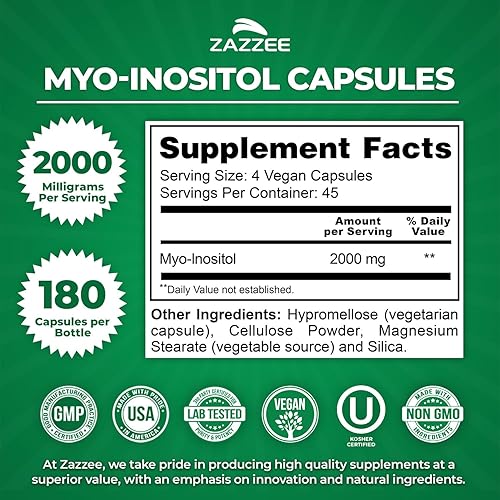 Miniatura 2 de Zazzee Cápsulas de mio-inositol, 2000 mg por porción, 180 cápsulas veganas, dosis ideal para proporción 401, 100% vegetariano, equilibrio hormonal y