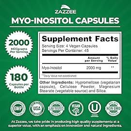 Zazzee Myo-Inositol Capsules, 2000 mg per Serving, 180 Vegan Capsules, Ideal Dosage for 40:1 Ratio, Kosher, 100% Vegetarian, Hormone Balance & Healthy Ovarian Function Support, All-Natural and Non-GMO