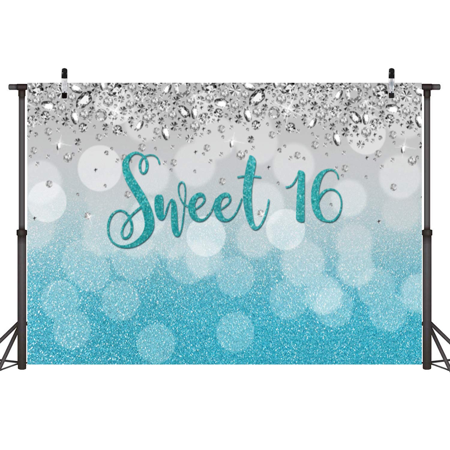 Sensfun Fabric Blue Sweet 16 Backdrop for Girl Happy 16th Birthday Party Decorations Turquoise Glitter Bokeh Spot Silver Diamond Photography