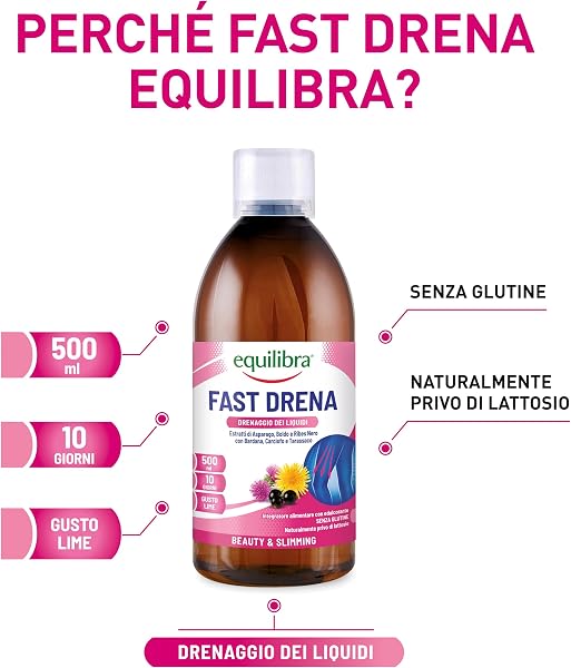 equilibra Integratori Alimentari, Fast Drena, Integratore a Base di Estratti Vegetali, per il Drenaggio dei Liquidi, la Funzionalità delle Vie Urinarie e del Fegato, da Diluire, Gusto Lime, 500 ml - 4