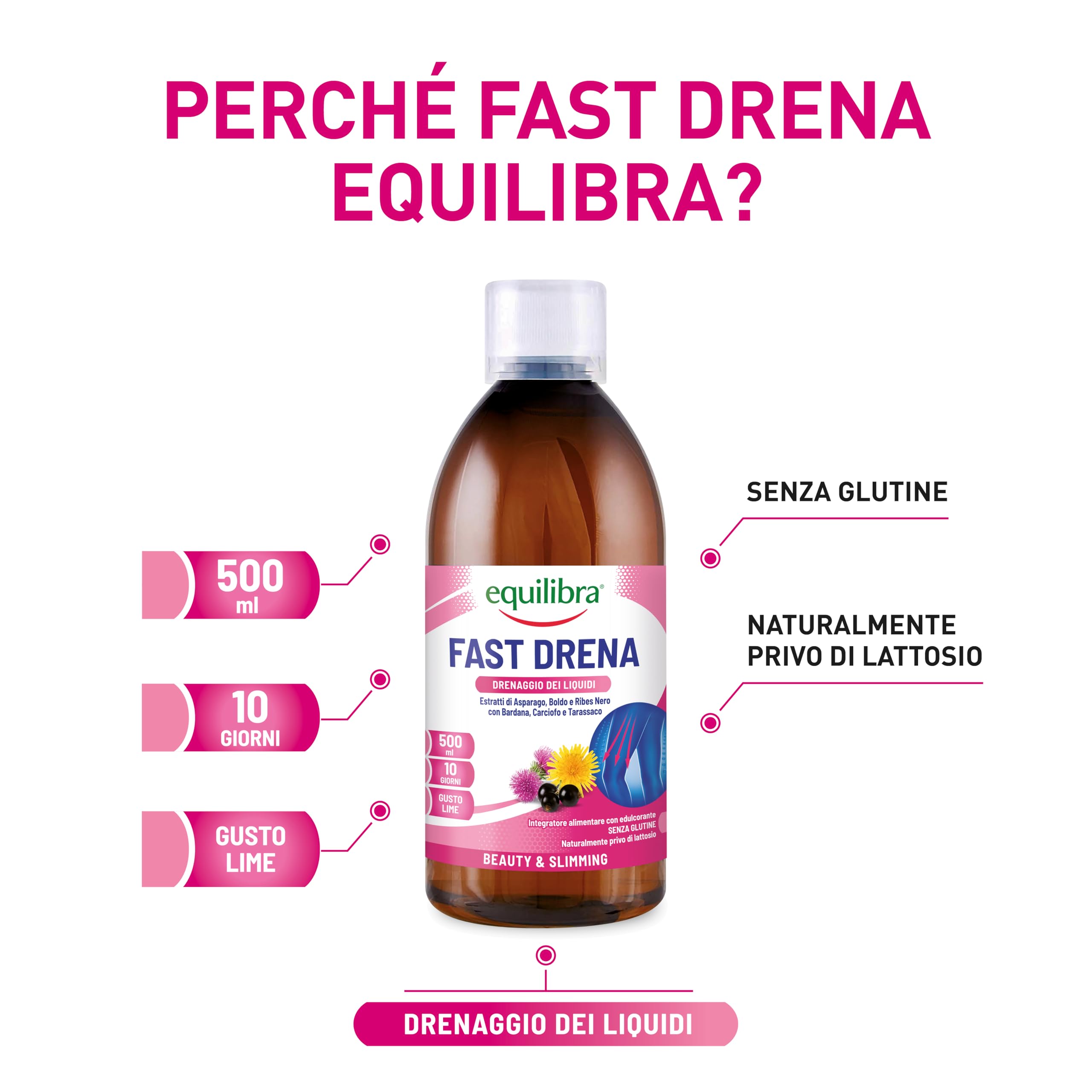 equilibra Integratori Alimentari, Fast Drena, Integratore a Base di Estratti Vegetali, per il Drenaggio dei Liquidi, la Funzionalità delle Vie Urinarie e del Fegato, da Diluire, Gusto Lime, 500 ml