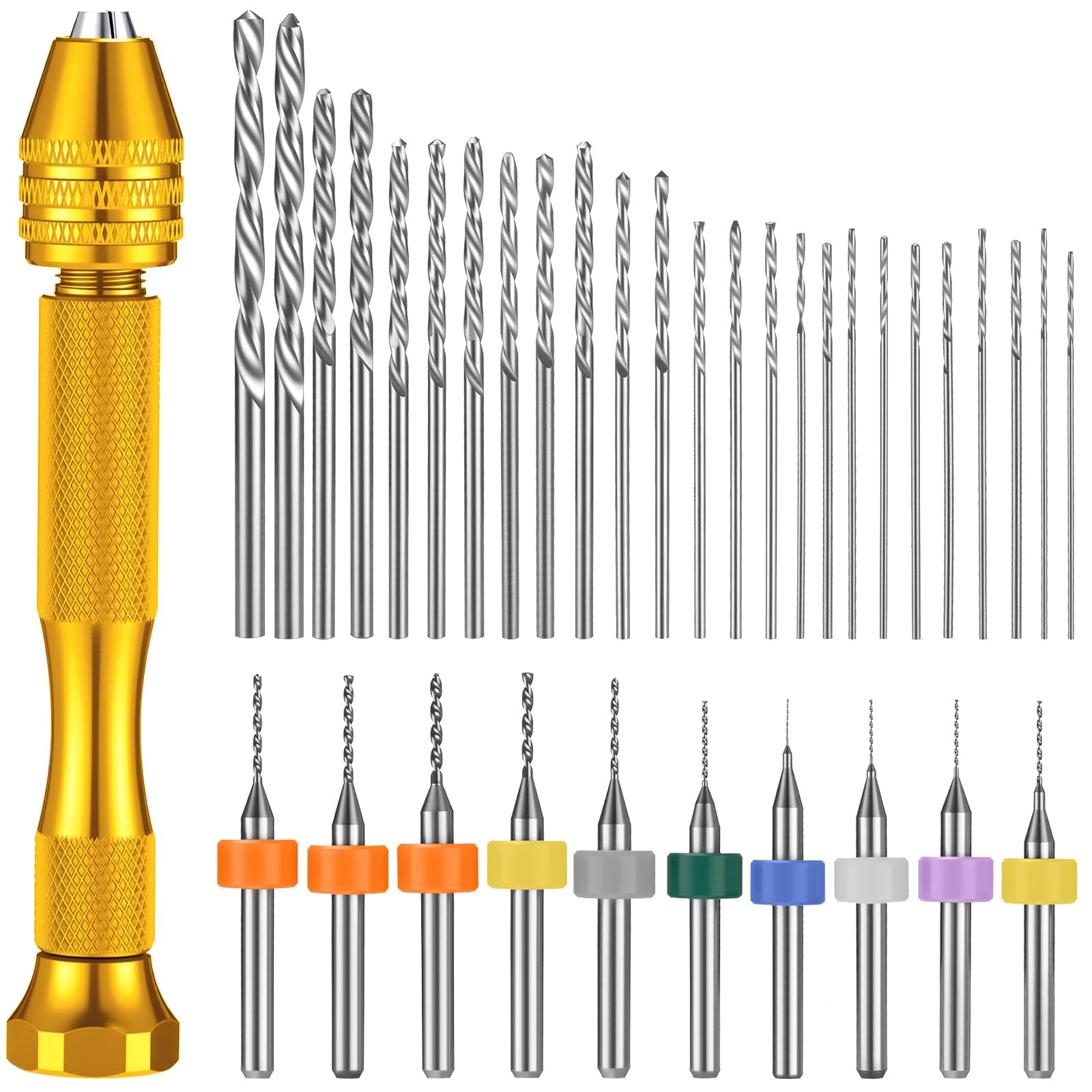 Mudder 36 Pieces Hand Drill Set, Include Pin Vise, Mini and Twist Drills for Craft Carving DIY, 0.3-1.2 mm PCB Drill (Gold)