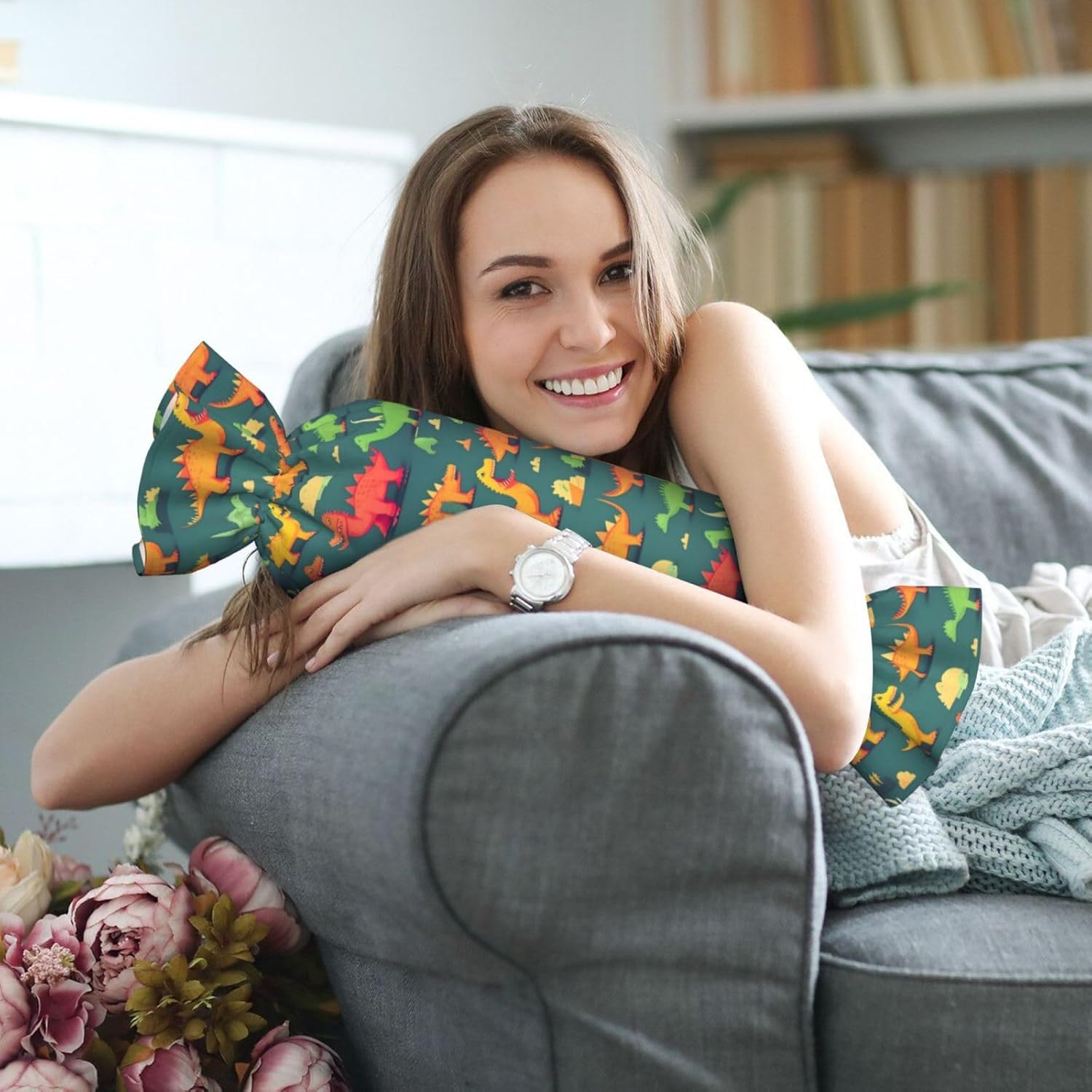 Many Small Dinosaur Print Candy Cylindrical Pillow Round Bolster Pillows Versatile Use Decor Bedroom Travel