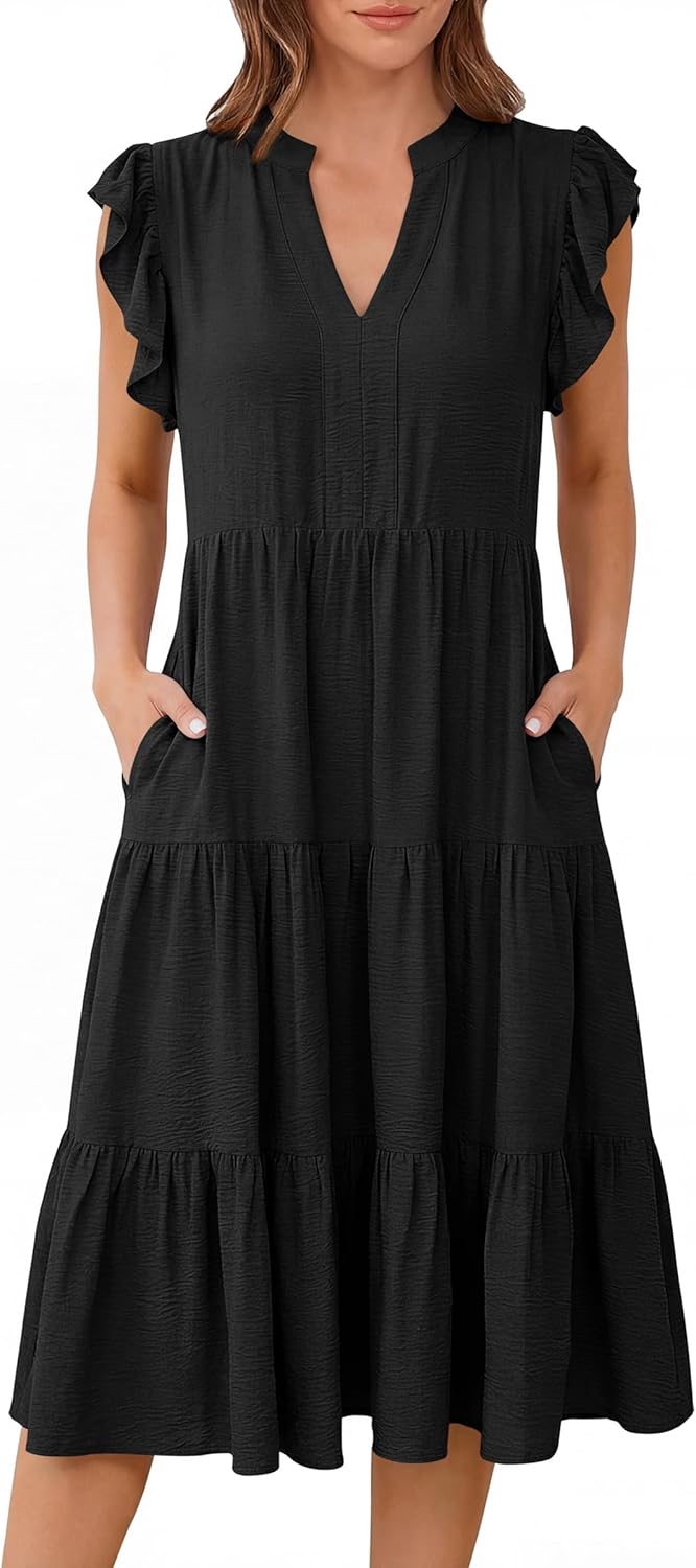ANRABESS Womens Summer Casual Dress V Neck Ruffle Sleeve Midi Dresses 2026 Trendy Flowy Tiered Boho Beach Vacation Sundress