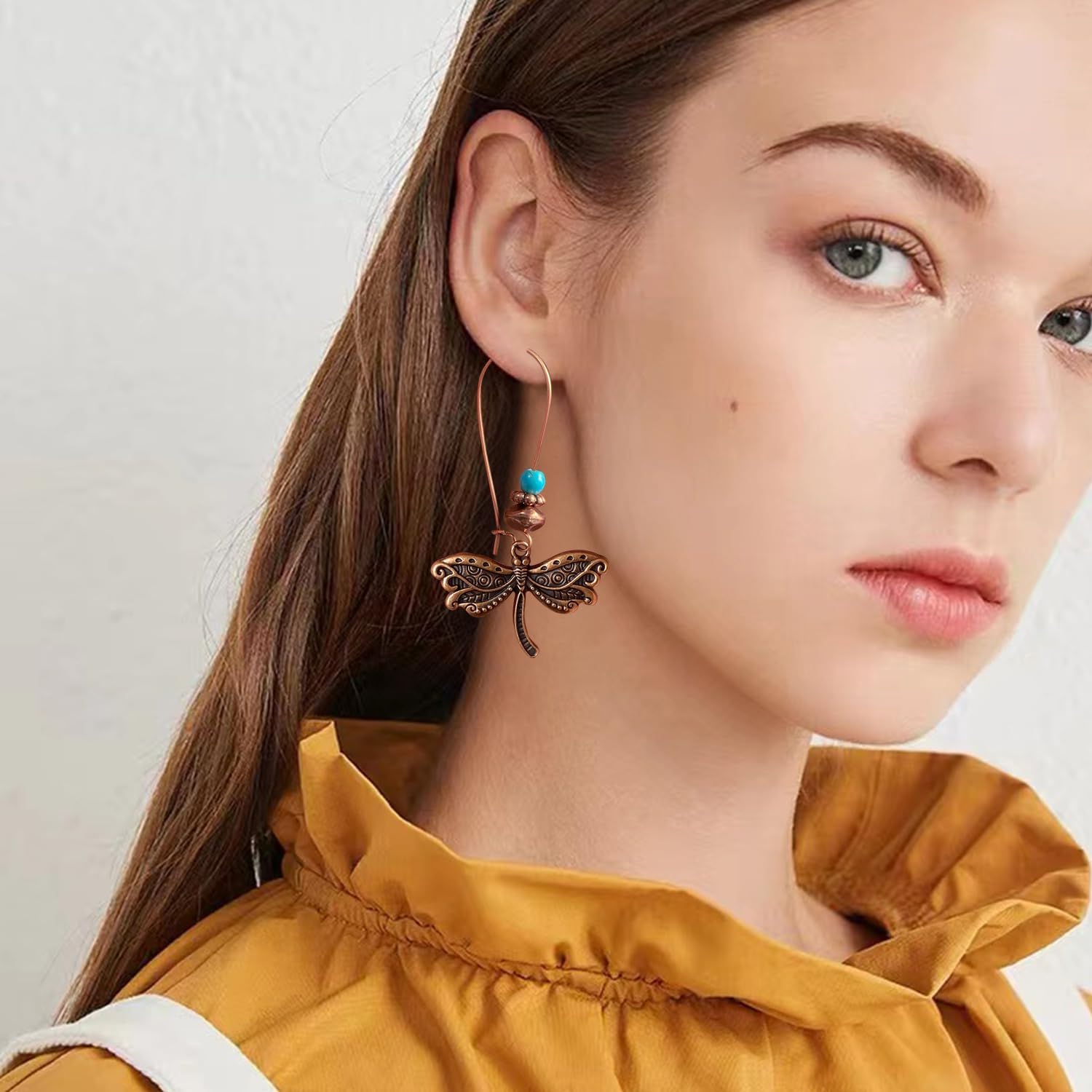 Bohemian Vintage Copper Dragonfly Turquoise Dangle Drop Earrings Handmade Retro Animal Bead Leverback Earrings for Women - Image 3