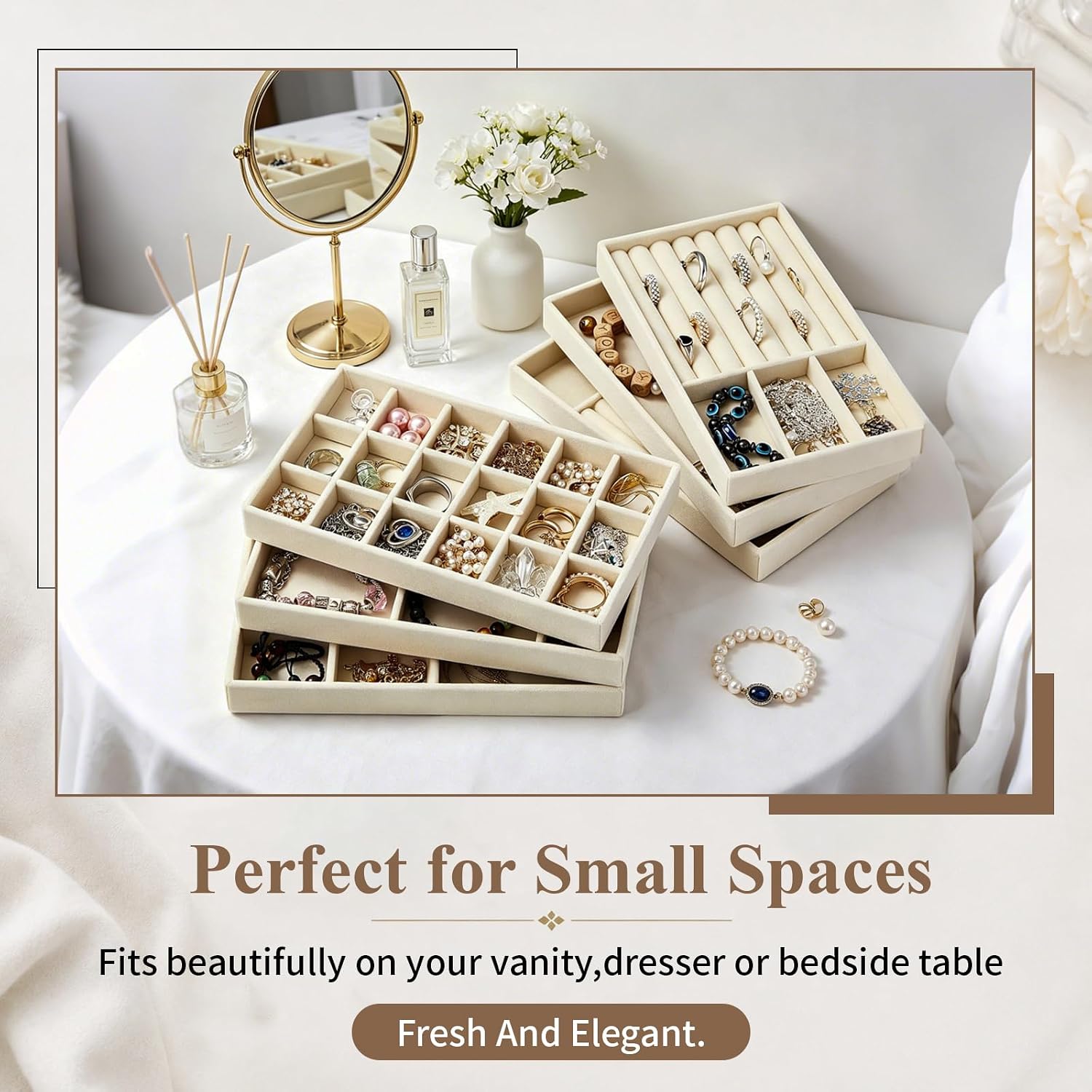 24 PCS Stackable Velvet Jewelry Organizer Trays for Drawer, Jewelry Storage Inserts with Removable Dividers for Rings, Earrings, Necklaces and Bracelets (Beige)
