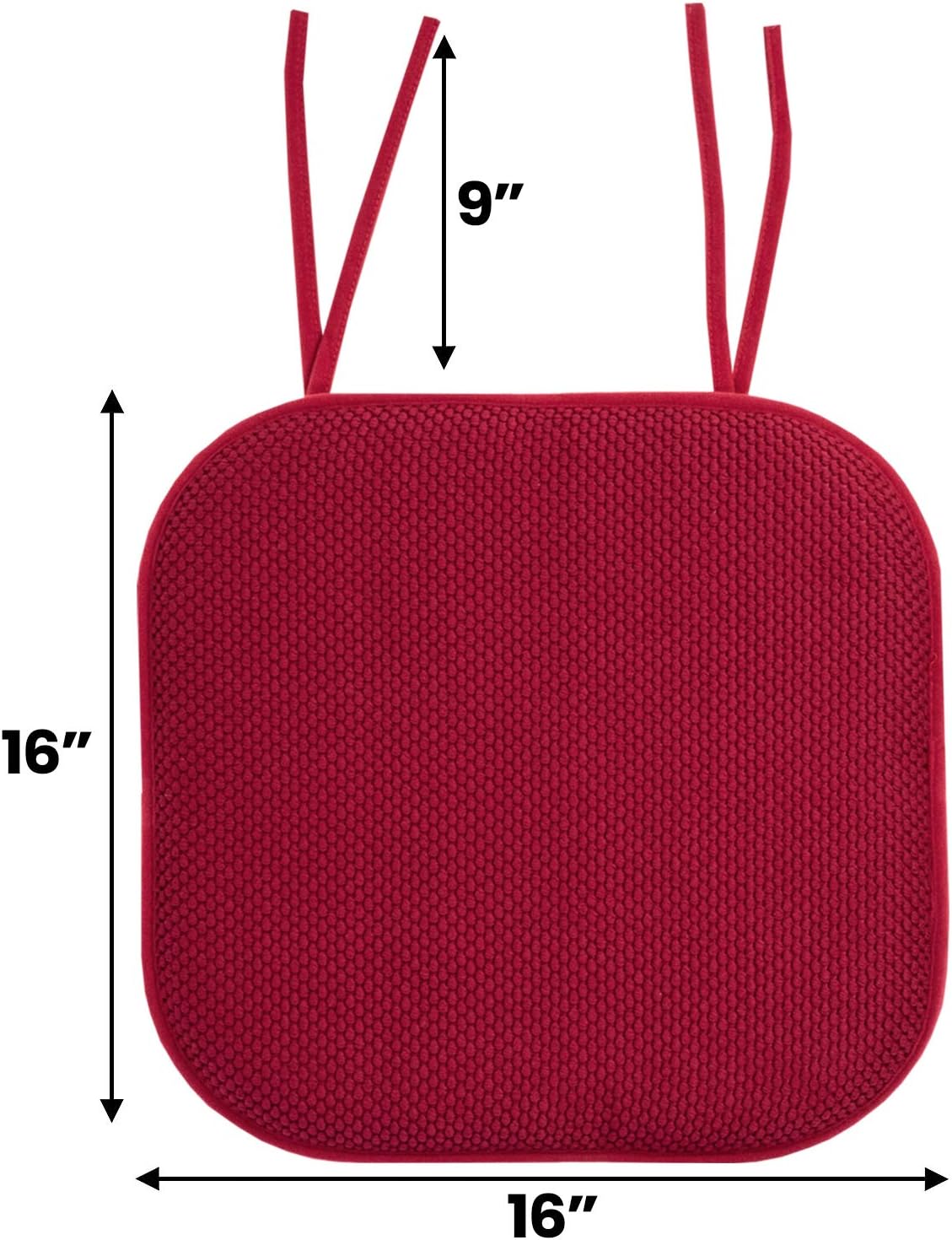 Sweet Home Collection Chair Cushion Memory Foam Pads with Ties Honeycomb Pattern Slip Non Skid Rubber Back Rounded Square 16" x 16" Seat Cover, 2 Pack, Red