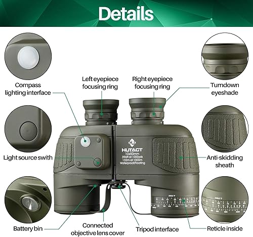 Miniatura 6 de HUTACT Binoculares para adultos de 10 x 50 pulgadas, brújula y buscador de rango, para observación de aves, lente ocular grande, gran campo de