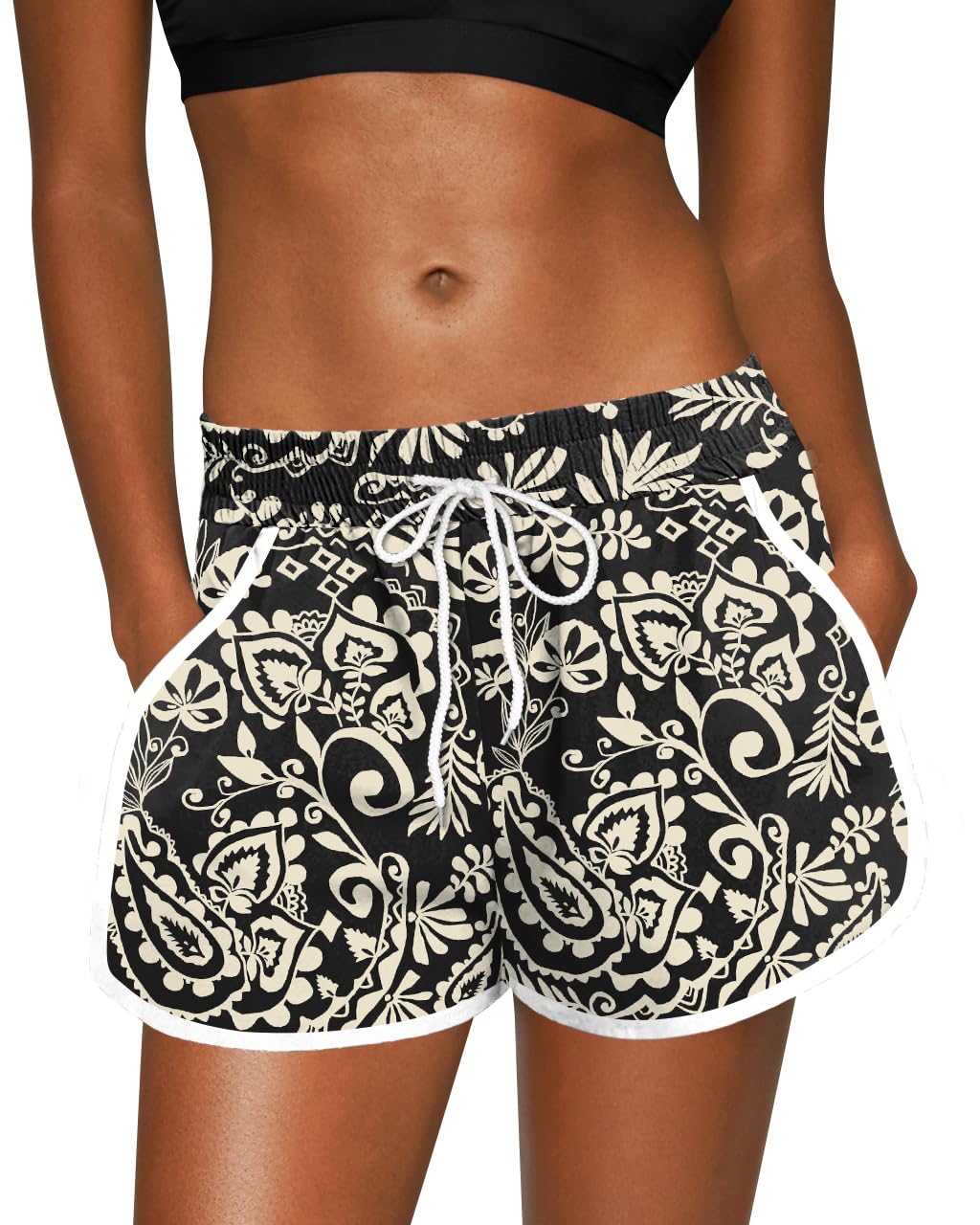 For G and PL Women Hawaiian Badehose Casual mit Beachrider und Bedruck Beach Kokospalme Schwarz Weiß Tribal XL
