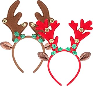 ATESSON 2 Reindeer Ears Headband with 4 bells, Christmas Headband Reindeer Hair Hoop Headwear for Ddults and Children