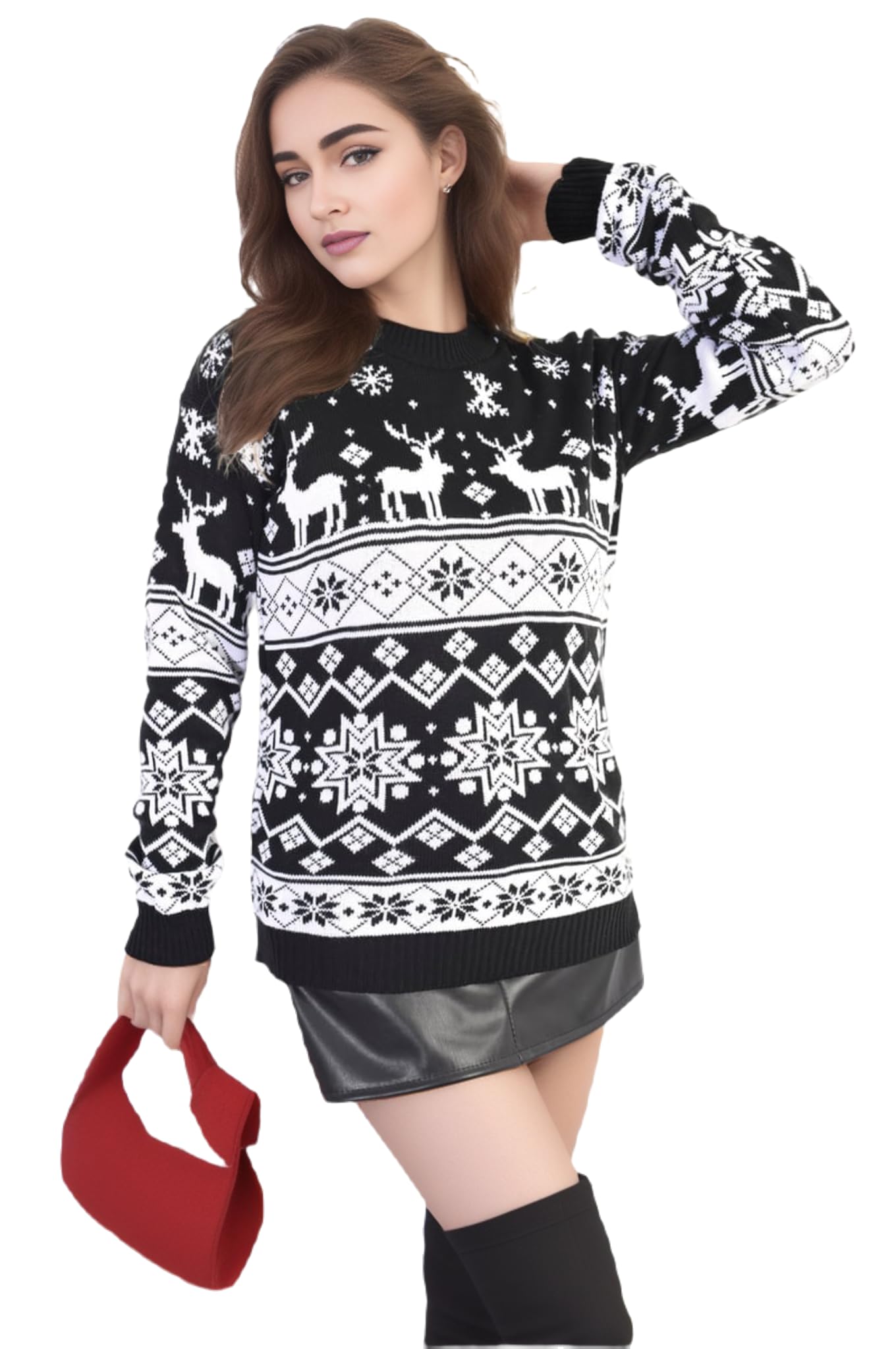 WearAll Women's Reindeer Snowflake Long Sleeve Festive Sweater Ladies Christmas Jumper - Family Jumper Black - 8-10