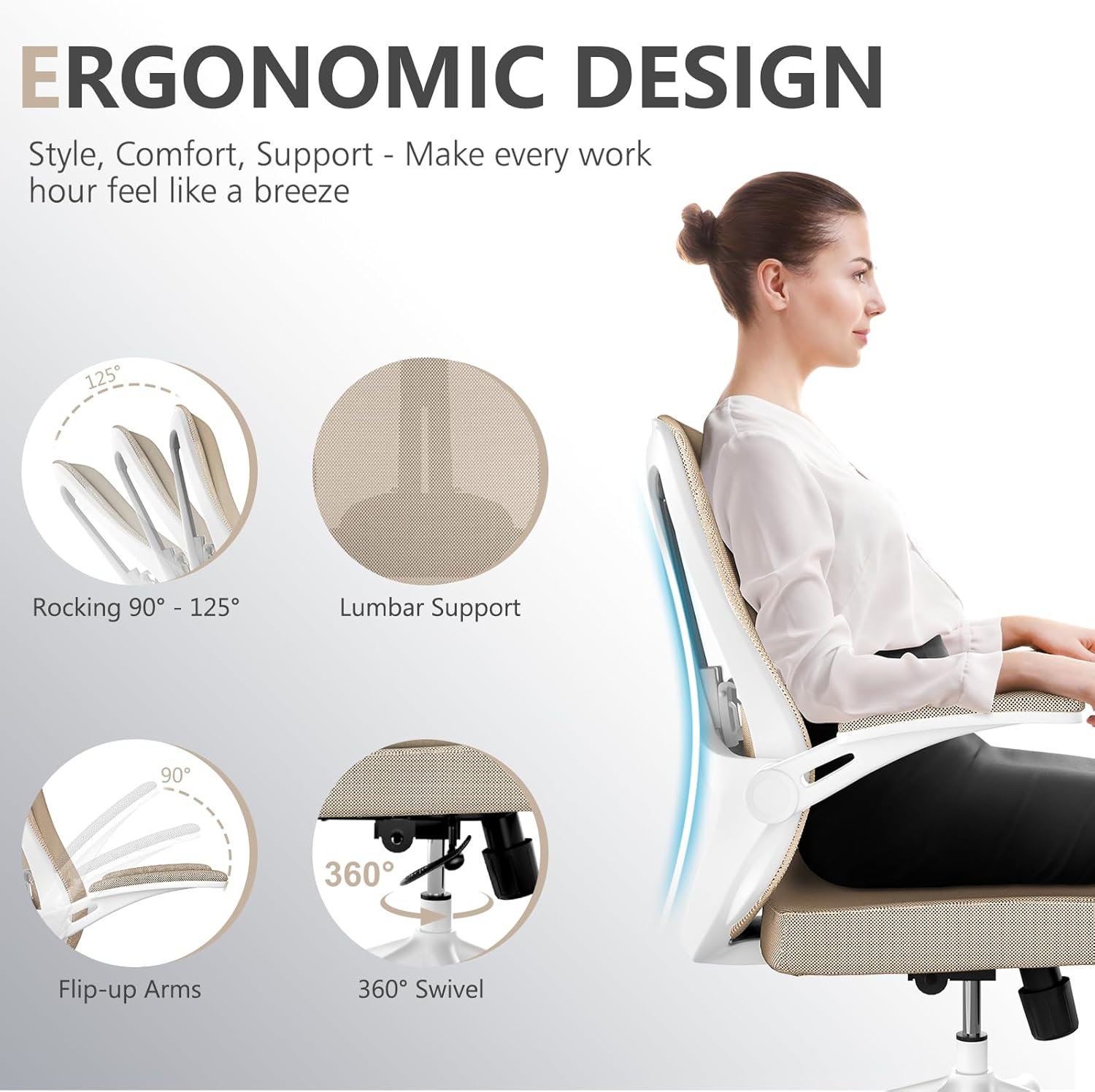 Ergonomic Office Chair with Lumbar Support, High Back Mesh Desk Chair with Flip-Up Arms, Adjustable Computer Task Chair, Khaki - Image 4