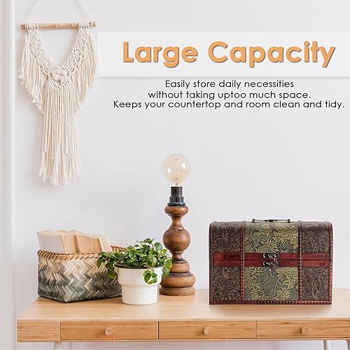 Miniatura 5 de ELLDOO Caja de cofre del tesoro vintage, caja de recuerdos pirata para regalos de niños, caja de almacenamiento de tesoros de madera, caja