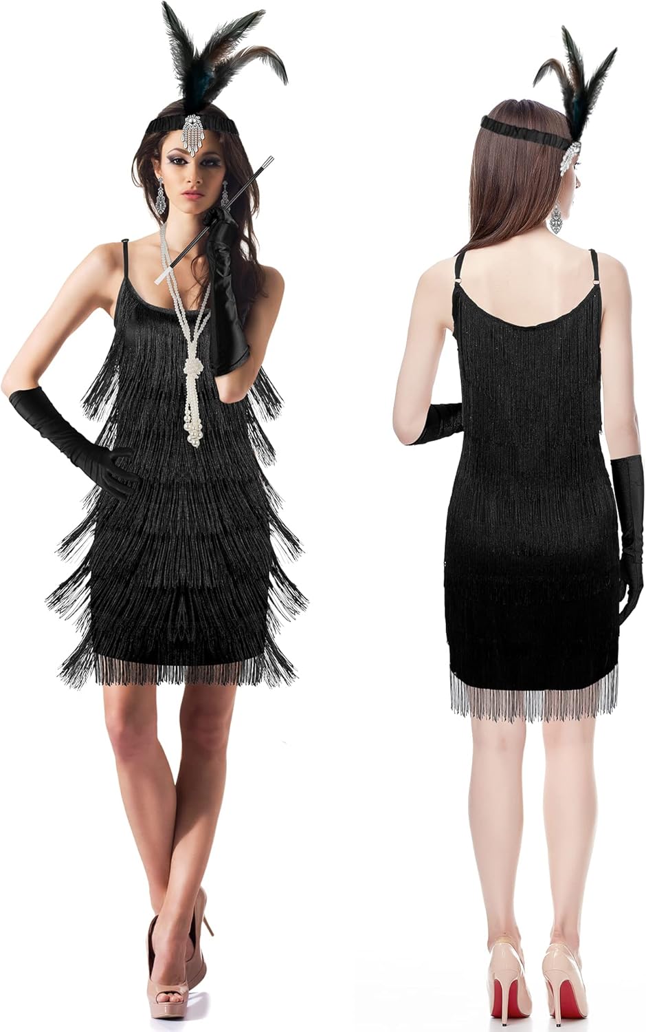 Zhanmai 6 Pcs Flapper Dress Flapper Costumes for Women 1920s Accessories Set Headband Pearl Necklace Earrings Gloves Stick - Image 6