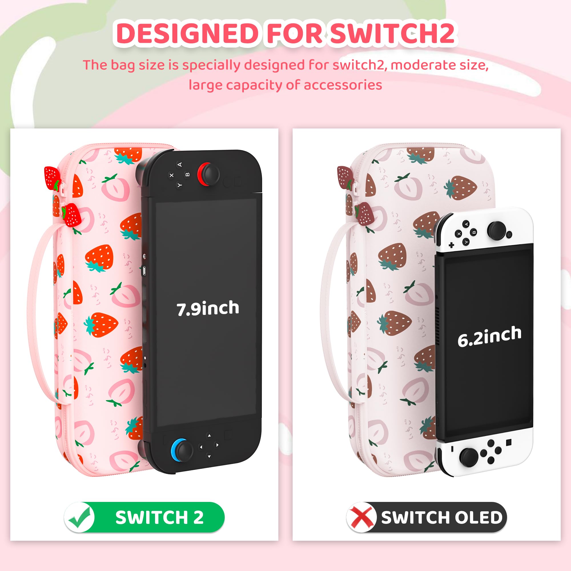 FANPL Custodia per Nintendo Switch 2 (2025) Accessori, Rosa Carina Custodia da Viaggio con Tracolla Regolabile, Fragola, rosa, Carino