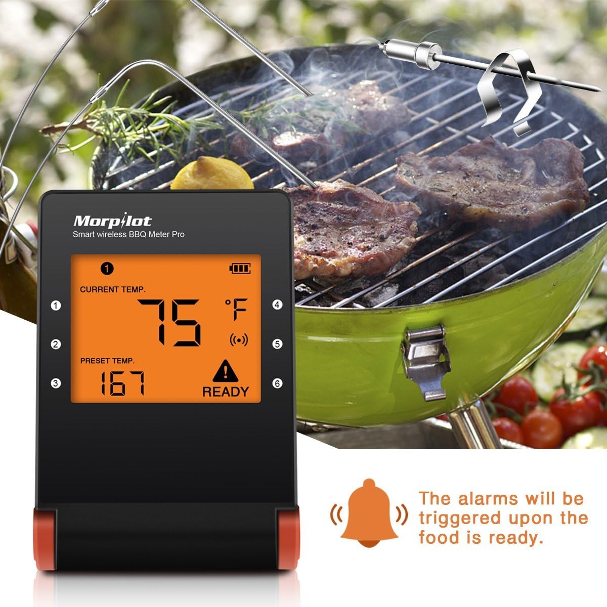 Wireless Grill Thermometer, Morpilot Bluetooth Wifi BBQ Digital Thermometer/Meat Thermometer/Smoker Thermometer with 4 Probes for Grilling Smoking Oven Kitchen