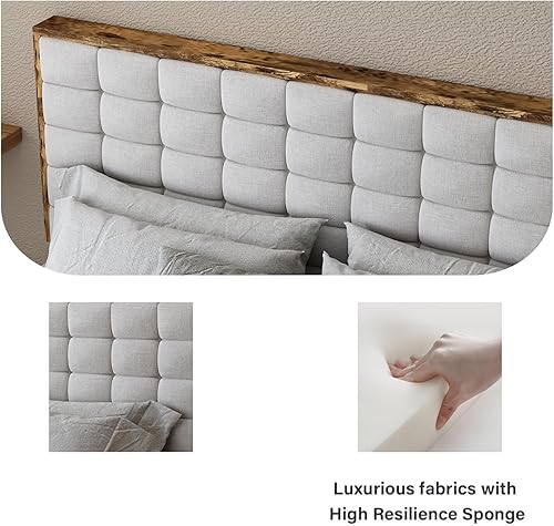 Miniatura 5 de REVOMINCA Base de cama tamaño Queen con cabecero, marco de cama Queen suave de madera, marco de cama de plataforma de metal industrial, tamaño