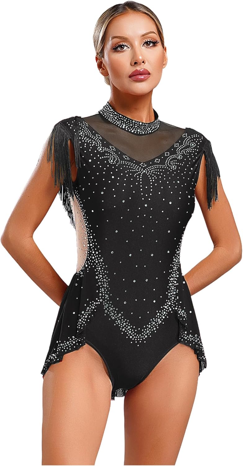 Vxuxlje Women's Shiny Rhinestone Tassel Latin Dance Dress Sleeveless Ruffled Skirted Leotard