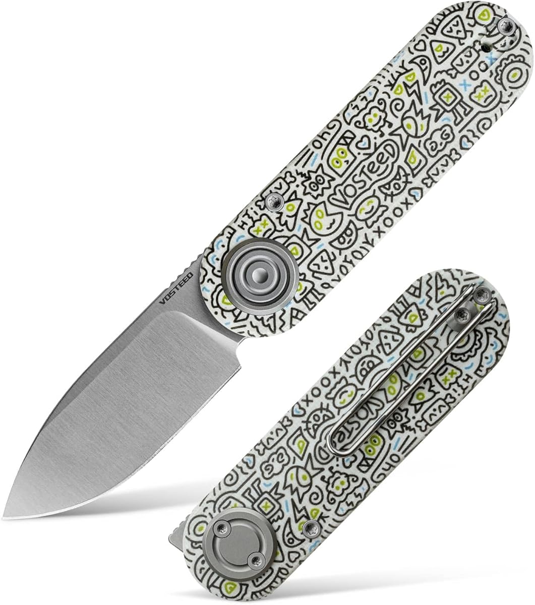 Vosteed Corgi V EDC Folding Pocket Knife - 2.36" 14C28N Satin Blade - Vanchor Lock®, Doodle Monster ™ G10 Handle - Camping, Hunting Knives - A3727