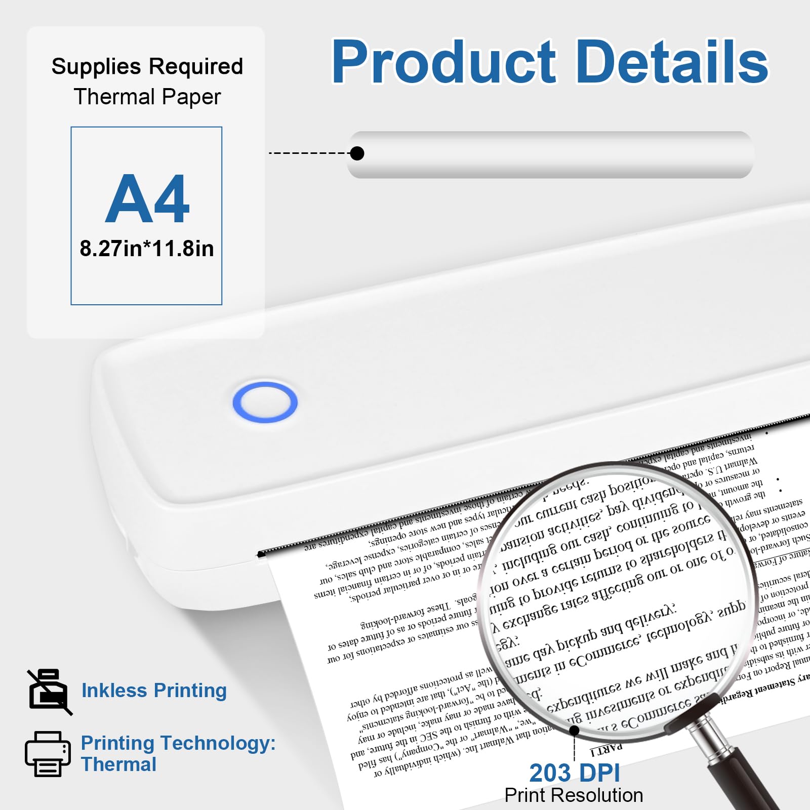 GuKKK Stampante Termica Portatile A4, Stampante Termica Piccola con Bluetooth, Stampante Mobile Wireless Supporta Carta Termica A4 210 x 297 mm, Compatible with Android iOS, per Ufficio, Studio (A)